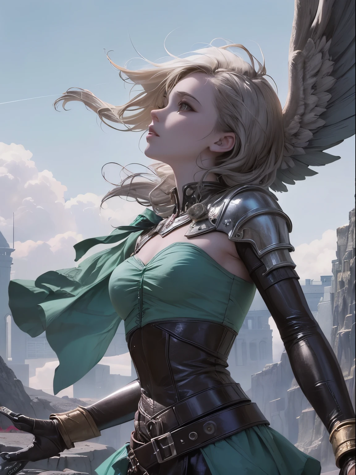 Ashling Lindsay, Renata Bernal, Surreal, mysterious, strange, fantastical, fantasy, Sci-fi fantasy, anime, desolate land, the ground is dry and cracked, a beautiful girl in a miniskirt sits, a half-mechanical angel floating above the front, composition looking up, a pale green and pinkish blue sky, detailed masterpiece