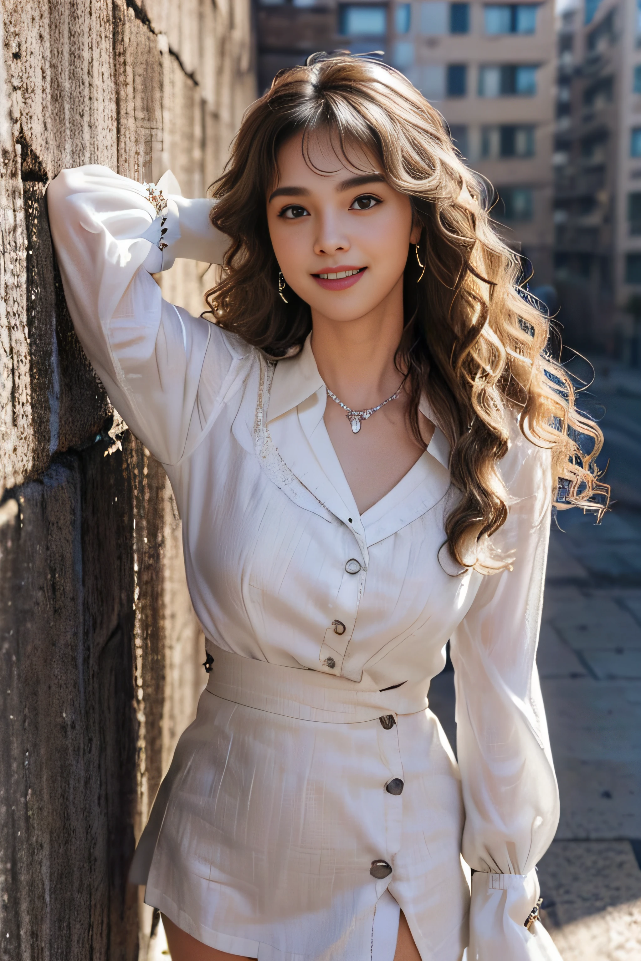 ((Very beautiful girl:1.3)) ((brown collared button blouse_white wrap mini skirt_Silver necklace_big white earrings:1.4)) ((pantyshot:1.3)) ,((On the roof of a high-rise building:1.3)) ((Thin_fabric:1.4)) ((Pose leaning against the wall:1.3)) ((full of sweat:1.5))((with a flushed face:1.4)) ((Medium chest same:1.4)) ((close-up:1.2)) Best Quality,masutepiece,超A high resolution,(Photorealistic:1.4),Raw photo,(Authentic skin texture:1.3),(Film grain:1.anorama,Character Portrait,Very Wide Shot,Narrow waist,Cowboy Shot,(In the Dark, deepshadow, lowkey, cold light,) Night,((brown super long hair_It is long enough to cover your waist.:1.2)),Streaming Tears,,Dust,Tindall Effect,(expression),1girl in,beautiful detailed eyes and face,White Jabot,Brown eyebrows:1.2)) ((Full body:1.3)) ((Smile:1.3))((loose and wavy hair:1.3))