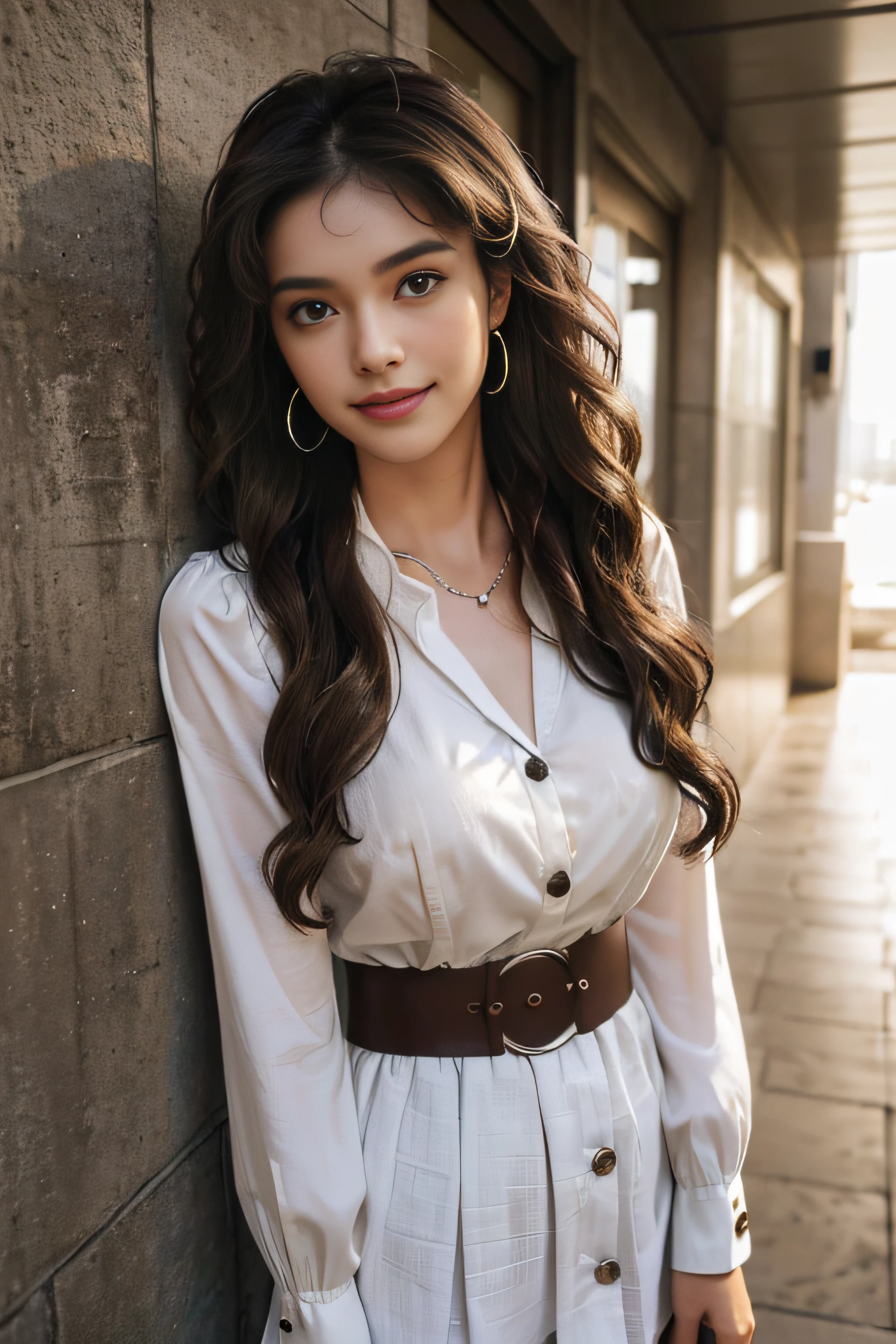 ((Very beautiful girl:1.3)) ((brown collared button blouse_white wrap mini skirt_Silver necklace_big white earrings:1.4)) ((pantyshot:1.3)) ,((On the roof of a high-rise building:1.3)) ((Thin_fabric:1.4)) ((Pose leaning against the wall:1.3)) ((full of sweat:1.5))((with a flushed face:1.4)) ((Medium chest same:1.4)) ((close-up:1.2)) Best Quality,masutepiece,超A high resolution,(Photorealistic:1.4),Raw photo,(Authentic skin texture:1.3),(Film grain:1.anorama,Character Portrait,Very Wide Shot,Narrow waist,Cowboy Shot,(In the Dark, deepshadow, lowkey, cold light,) Night,((brown super long hair_It is long enough to cover your waist.:1.2)),Streaming Tears,,Dust,Tindall Effect,(expression),1girl in,beautiful detailed eyes and face,White Jabot,Brown eyebrows:1.2)) ((Full body:1.3)) ((Smile:1.3))((loose and wavy hair:1.3))