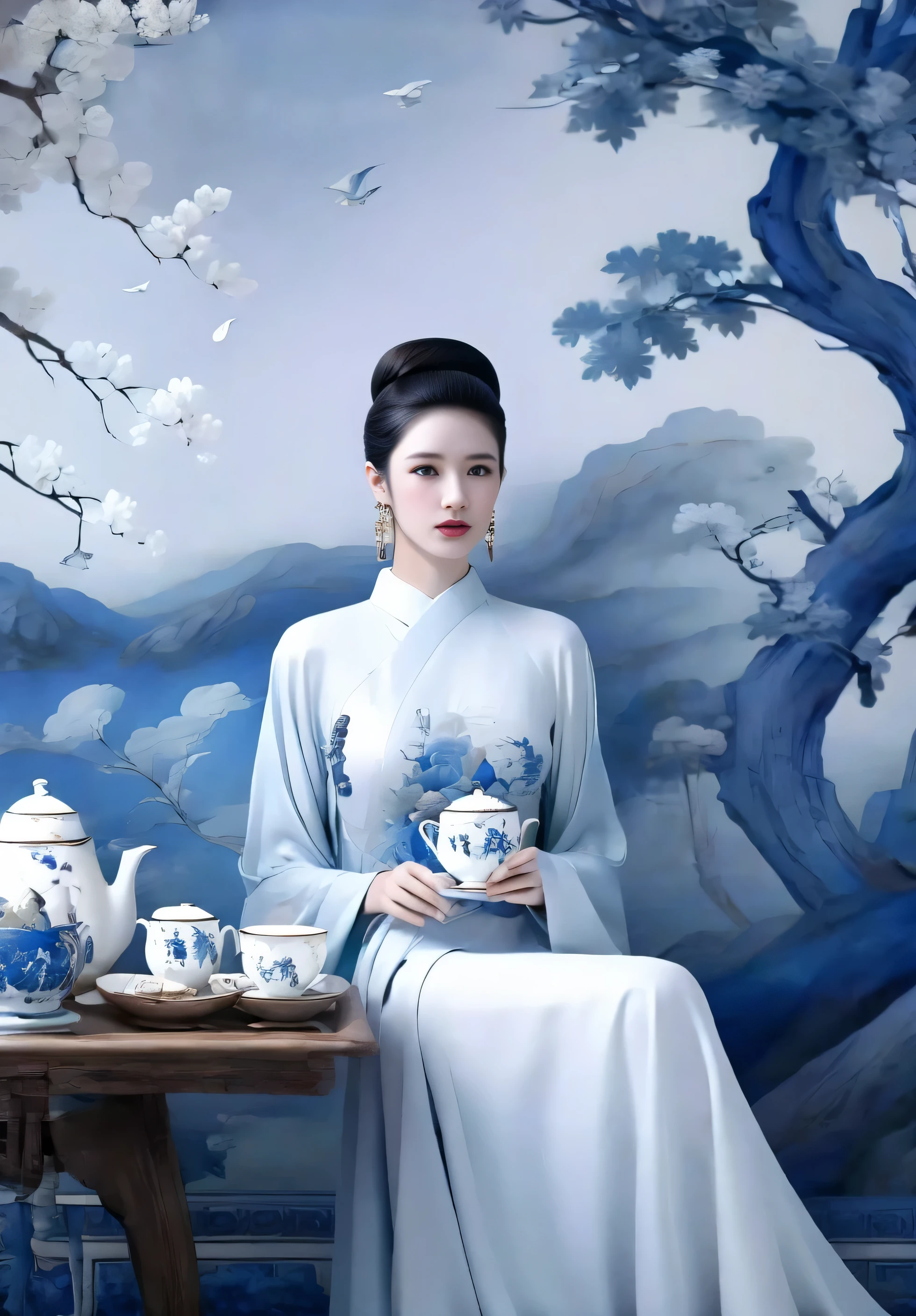 ultra realistic 8k cg, flawless, clean, masterpiece, professional artwork, famous artwork, cinematic lighting, cinematic bloom,,W&B-P,1girl, teapot, jewelry, bird, earrings, hair bun, sitting, solo, table, black hair, tree, dress, single hair bun, teacup, chair, cup,,((masterpiece)),absurdres, ao dai,