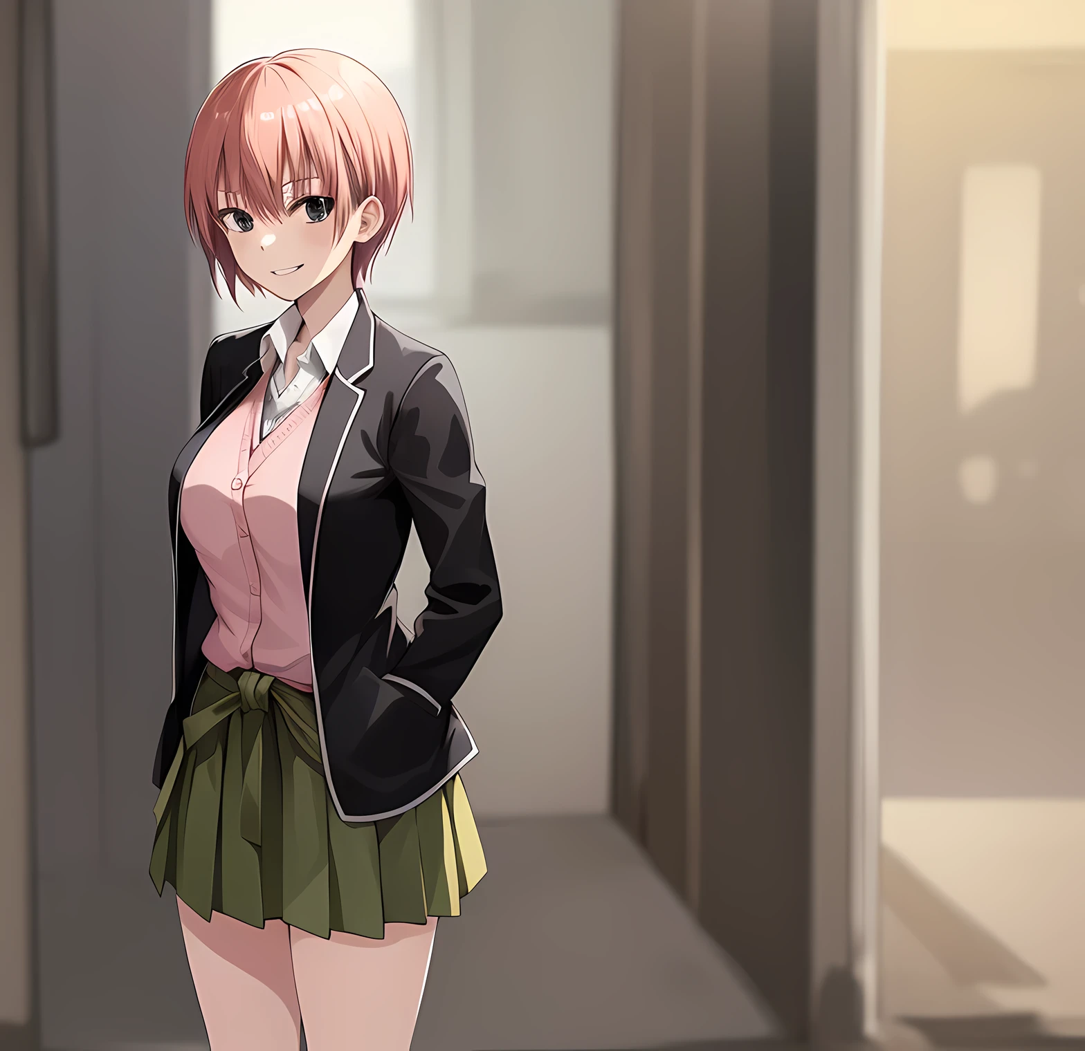 2d, masterpiece, best quality, anime, highly detailed, 1girl, solo, full body, nakano ichika, pink hair, short hair, cardigan around waist, blazer, collared shirt, green skirt, standing, straight-on, smile, white background, background