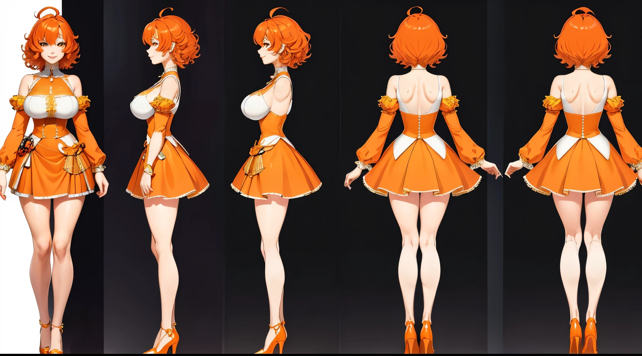 (Masterpiece), (Best quality: 1.2), absurd and intricate details (Highly detailed skin: 1.2), ((big breasts))1 girl, very short curly orange hair, orange eyes, long-sleeved dress with straps, short skirt, white stockings, smile, sexy pose, ((full body standing, white background, character sheet))