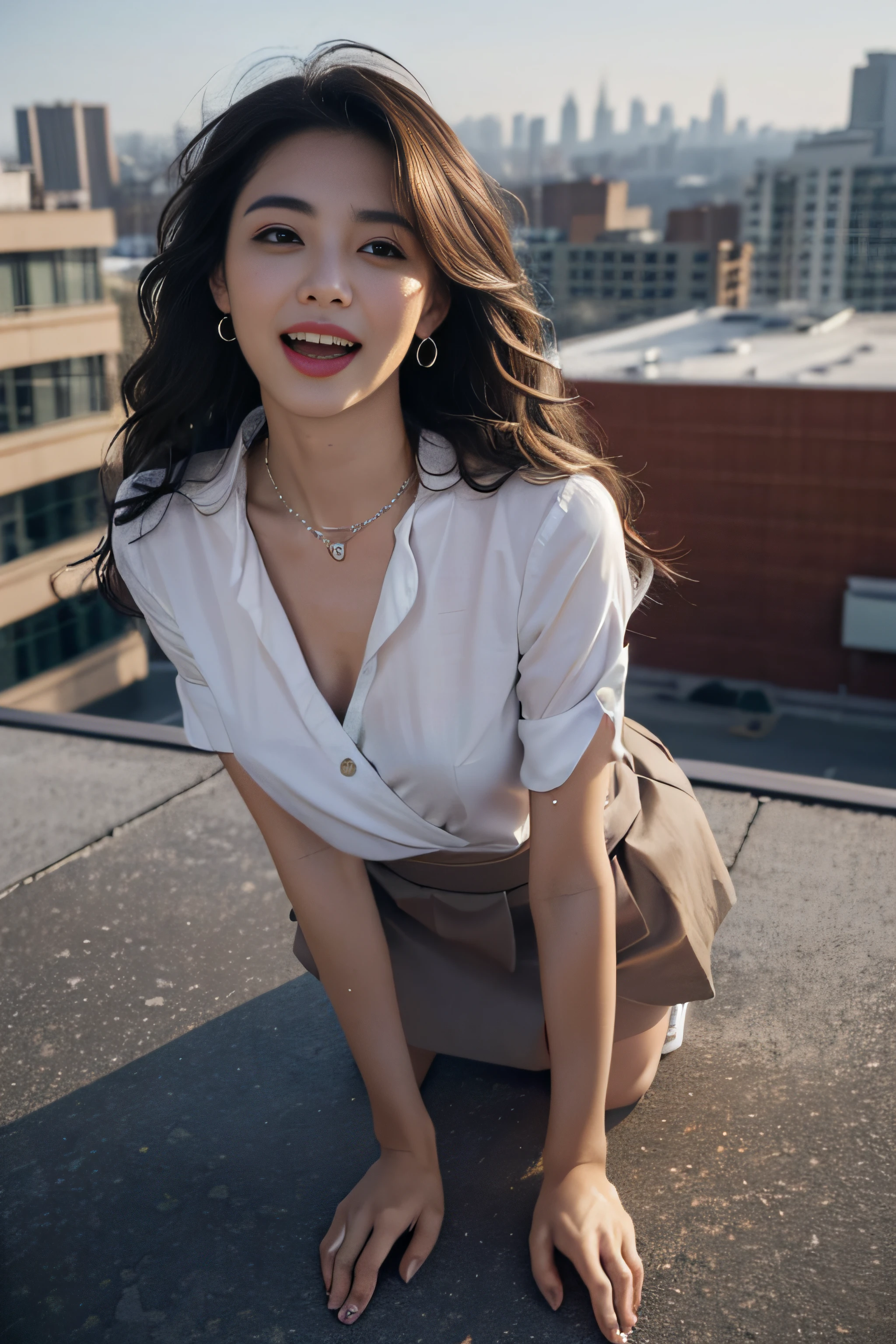 ((Very beautiful girl:1.3)) ((red collar button blouse_gray wrap mini skirt_Silver necklace_big white earrings:1.4)) ((pantyshot:1.3)) ,((On the roof of a high-rise building:1.3)) ((Thin_fabric:1.4)) ((i'Somehow I'm watching this:1.3)) ((full of sweat:1.5))((with a flushed face_Open mouth and ecstatic expression:1.4)) ((Medium chest same:1.4)) ((close-up:1.2)) Best Quality,masutepiece,超A high resolution,(Photorealistic:1.4),Raw photo,(Authentic skin texture:1.3),(Film grain:1.anorama,Character Portrait,Very Wide Shot,Narrow waist,Cowboy Shot,(in the Dark, deepshadow, lowkey, cold light,) Night,((brown super long hair_It is long enough to cover your waist.:1.2)),Streaming Tears,,Dust,Tindall Effect,(expression),1girl in,beautiful detailed eyes and face,White Jabot,Brown eyebrows:1.2)) ((Full body:1.3)),((loose and wavy hair:1.3))