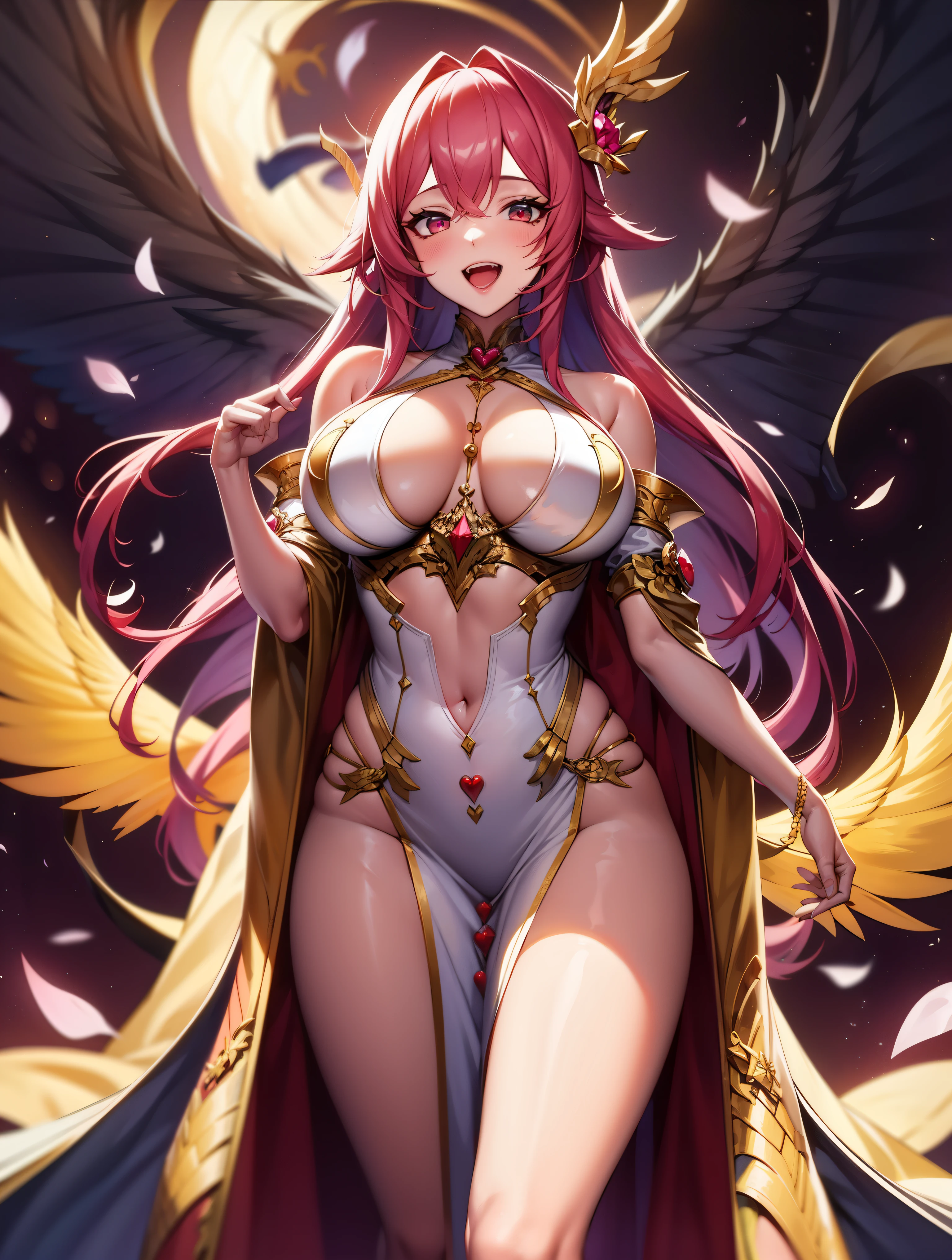 one girls，（（There&#39;There&#39;there&#39;s a heart in my eyes））long pink gorgeous hair，Smile，Open mouth ，looking at viewert，Blood ,Pink hair,Medium chest, 1 Demon Dragon Goddess,golden dragon wings,gold dragon tail,