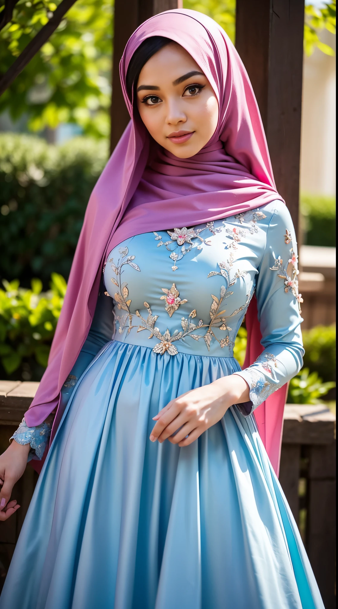 (Close Up),RAW, Best quality, high resolution, masterpiece: 1.3), beautiful Malay woman in hijab, Masterpiece, perfect body, Big breasts, thick thighs, beautiful big eyes, mole under the eyes, long eyelashes, big eyes, beutifull face, Soft smile, woman in a blue dress with pink flowers on it, modest flowing gown, beautiful detailed dress, flowing gown, long flowing intricate dress, beautiful flowing fabric, long luxurious flowing gown, full covered dress, flowing dress, floral!, beautiful soft silky dress, beautiful silky dress, beautiful detail, detailed dress, beautiful design, wearing a long flowy fabric, lovely , romantic dress , illustrious clothes  Soft turtleneck, evening walk, garden park, Great lighting, Bright colors, Clean lines