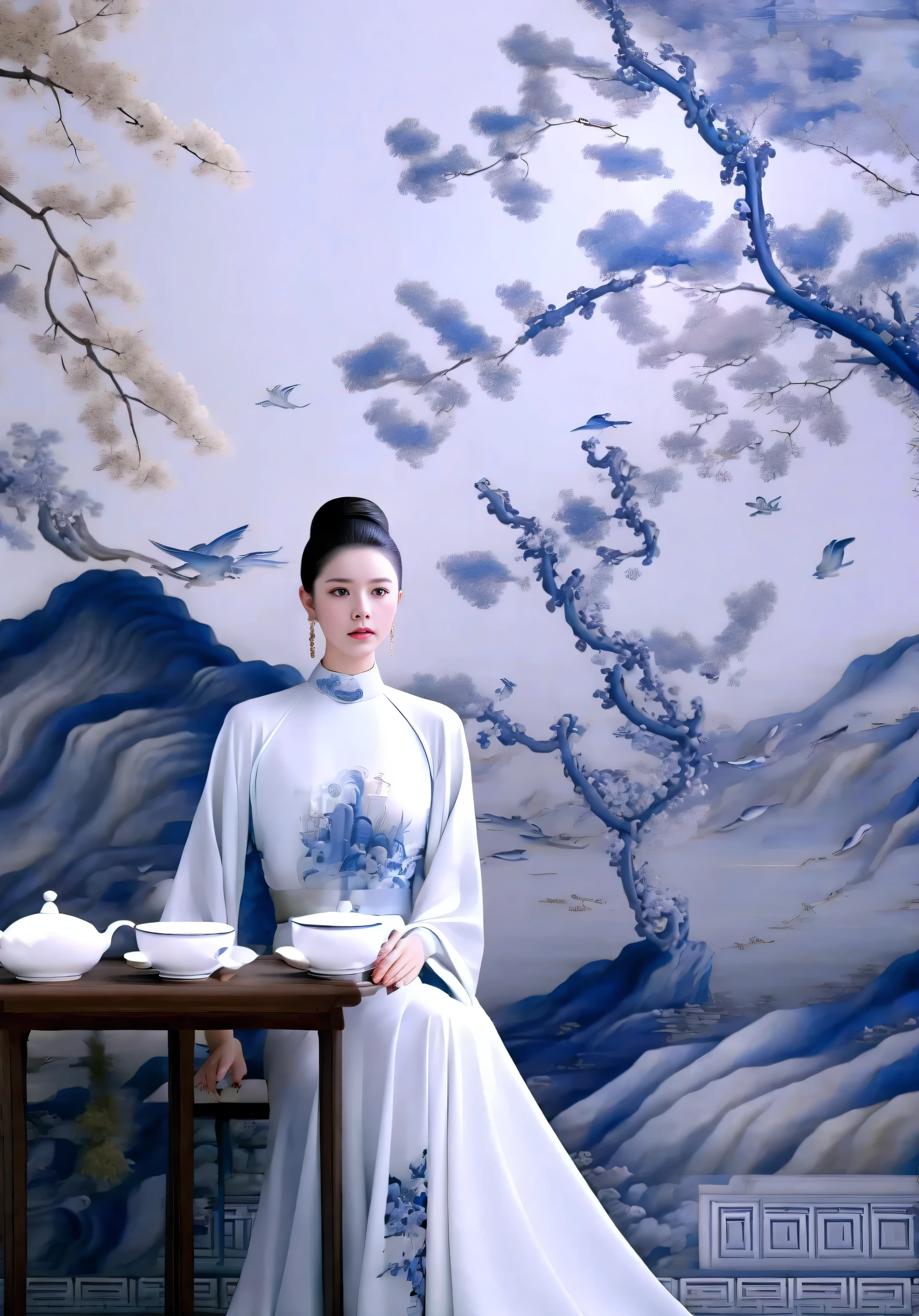 ultra realistic 8k cg, flawless, clean, masterpiece, professional artwork, famous artwork, cinematic lighting, cinematic bloom,,W&B-P,1girl, teapot, jewelry, bird, earrings, hair bun, chinese clothes, sitting, solo, table, black hair, tree, dress, single hair bun, teacup, chair, cup,,((masterpiece)),absurdres,