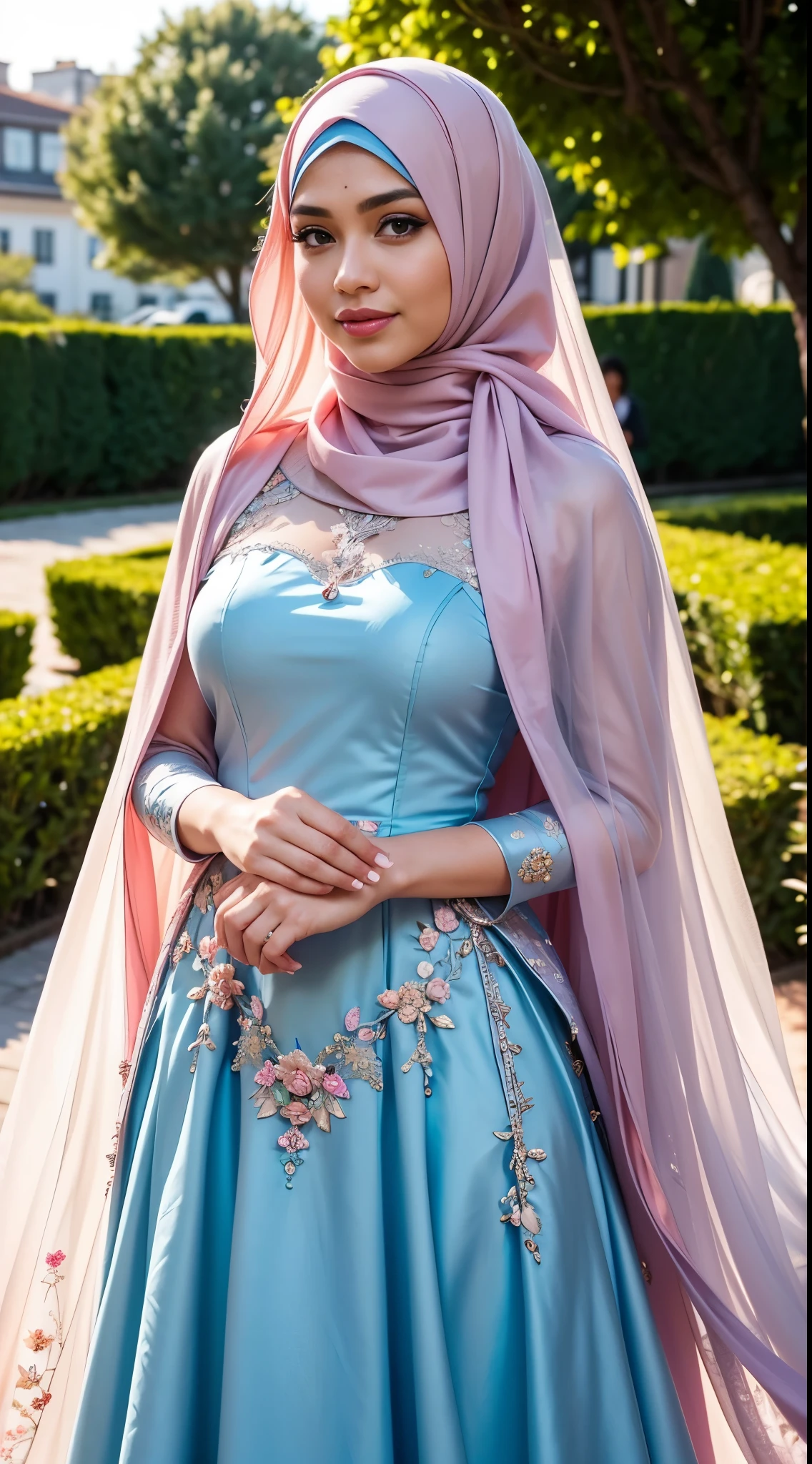 (Close Up),RAW, Best quality, high resolution, masterpiece: 1.3), beautiful Malay woman in hijab, Masterpiece, perfect body, Big breasts, thick thighs, beautiful big eyes, mole under the eyes, long eyelashes, big eyes, beutifull face, Soft smile, woman in a blue dress with pink flowers on it, modest flowing gown, beautiful detailed dress, flowing gown, long flowing intricate dress, beautiful flowing fabric, long luxurious flowing gown, full covered dress, flowing dress, floral!, beautiful soft silky dress, beautiful silky dress, beautiful detail, detailed dress, beautiful design, wearing a long flowy fabric, lovely , romantic dress , illustrious clothes Soft turtleneck, evening walk, garden park, Great lighting, Bright colors, Clean lines