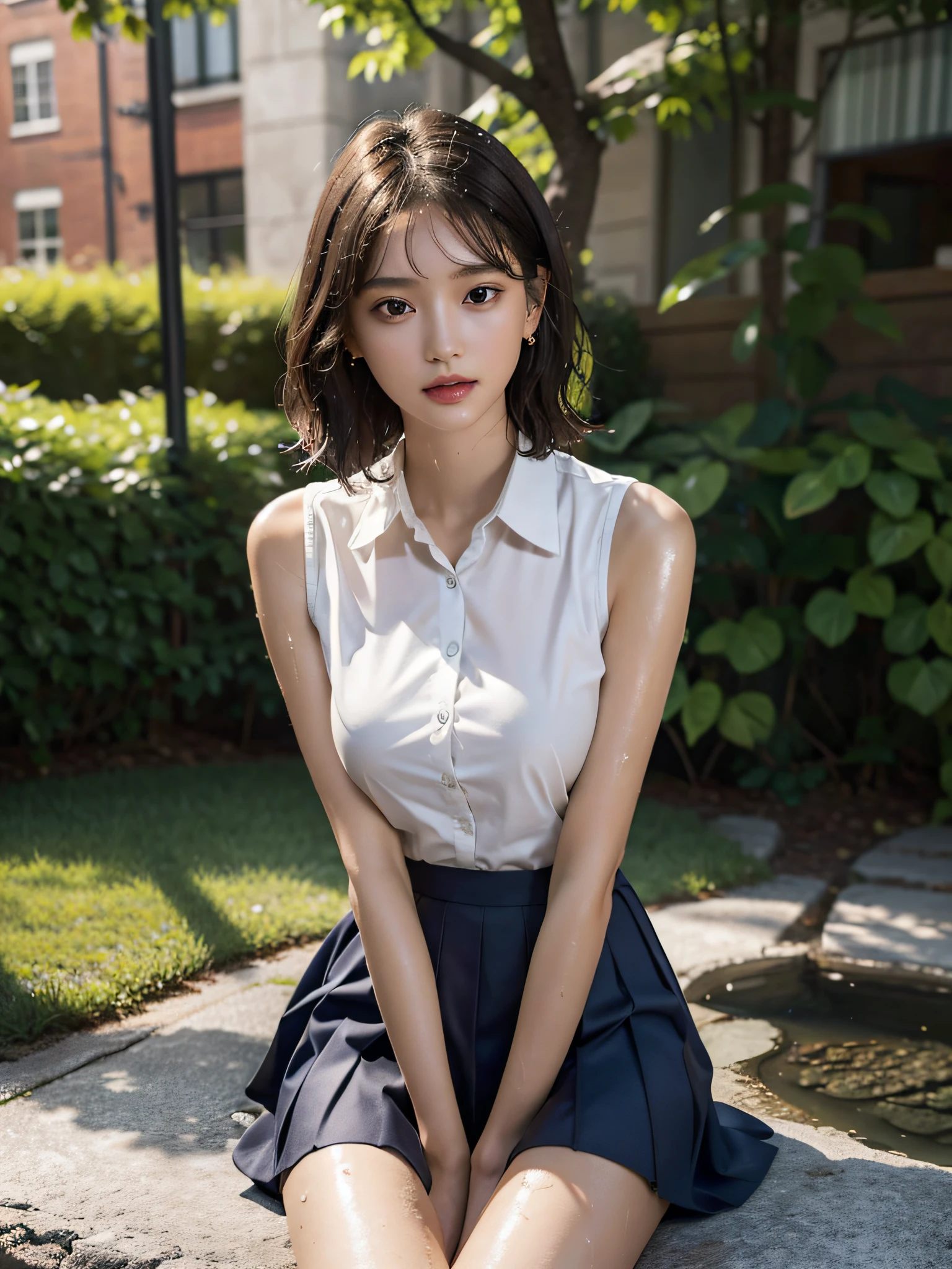 absurderes, Raw photo, Extremely delicate and beautiful, masutepiece, Best Quality, Ultra High Resolution, 16 K, hyper realisitic, Ultra-detailed, Perfect Anatomy, Ultra-detailed細なスキン, Perfect figure, Very detailed CG 8k wallpaper, in her 20s, Very slim body, Narrow waist, Very small head, Very small face, Delicate facial features, tear moles, Earring, thin legs, (very massive round chest), 3 girls, (Full body shot), Bare legs, Short hair, Wavy Hair, light brown hair, ((Wet)), (School uniform), Skirt, collared dress shirt, Sleeveless,