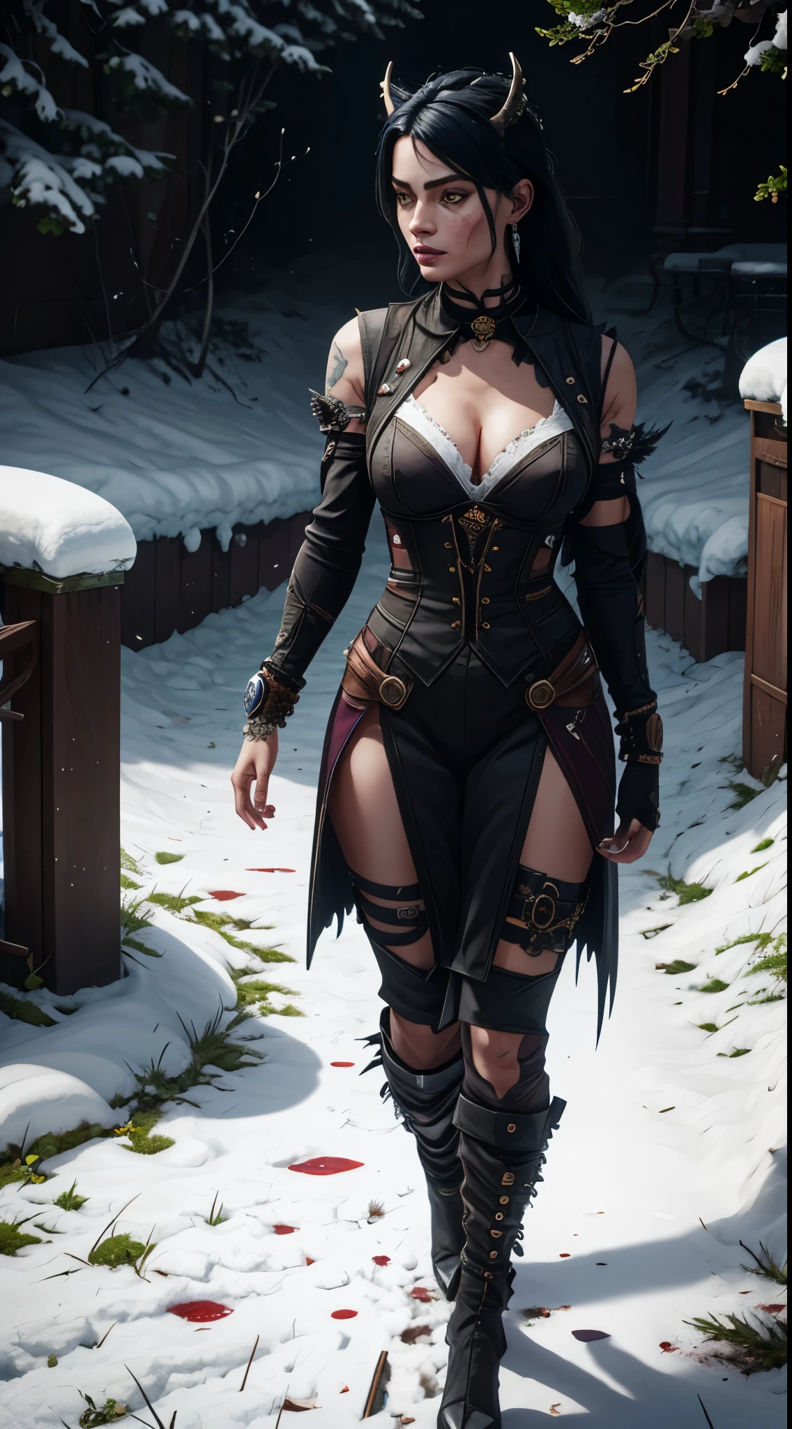 4k highly detailed realistic digital extremely high quality RAW photograph, a full body photo of margot robbie that lived with wolves her whole life,torn clothes exposing (:1.4) body, armored pauldrons, fangs, curled horns, big breasts, ((snow and blood)), ((wolf tattoos)), epic, hyperrealistic, hyperrealism, 8k, cinematic lighting, greg rutkowski, wlop, (f1.8 short focus bokeh)