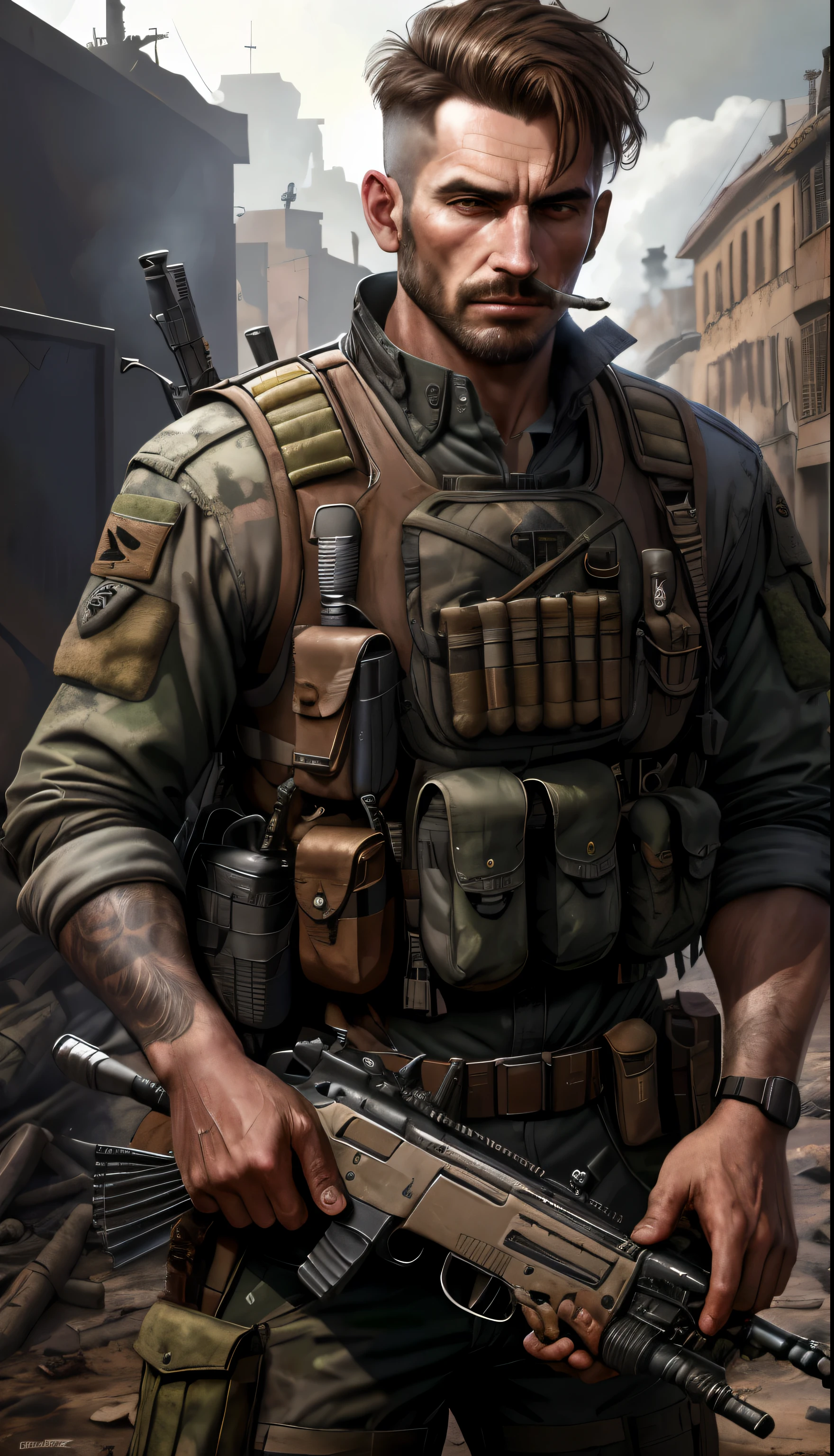 Soldado com uniforme escuro e fuzil, Ruined background, Realistic, elegante, Rutkowski, cavanhaque, brown hair, cabelo zumbido, cigarro na boca, tactical vest, detalhes intrincados, hiperdetalhado, cinemactic, luz de aro, atmosfera de perigo