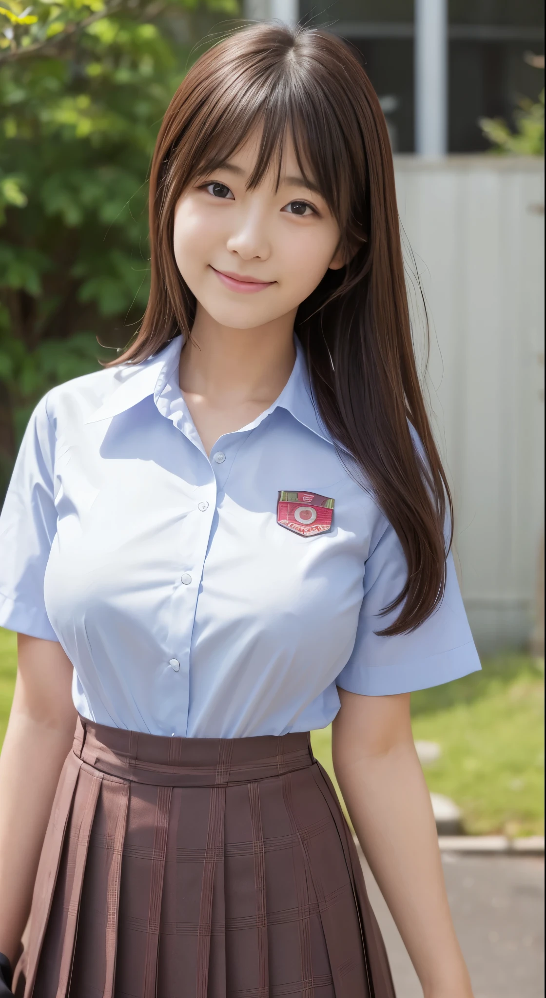 (Best Quality,8K,Raw photo,Realistic,High resolution:1.2),(cute Japanese girls),(Huge breasts:1.20),(Slim body、Naughty body),(Japan High School School Uniform),(school classrooms),(18year old、difficult、Takamine Flower、Brown hair、Short Bob、Male classmate POW、The presence of idoleautiful Realistic Asians:1.5、tenderness)、Professional、ssmile