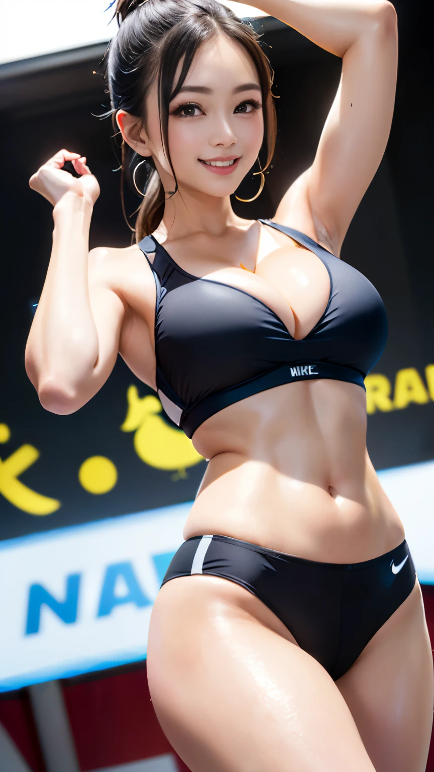 (8K、超A high resolution、The ultra -The high-definition、An ultra-high picture quality、Ultrarealistic、Best Quality、masuter piece:1.2)(quite massive chest、Large cleavage、Hide all breasts:1.3)Toned body、skinny  body(Nike Sports Bra、High Leg Racing Bloomers:1.25)(Brown 1 length one side、 Women in Japan、Realistic face、Cute little face、rather large black eyes、Crisp double eyelids、Tear bag、long lashes、small nose、large mouth、Duck mouth、thin lipss、Pinclip Gloss、Smile happily:1.1)、espadrilles、sports gym(Show the armpits、open the inseam quite wide)