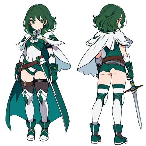 1girl, sword, holding sword, waist armor, ((butt crack)), gloves, white background, full body, solo, gauntlets, multiple views, white cape, small shield, holding shield, thigh high, ((dark green hair)), wavy hair, reference sheet,
