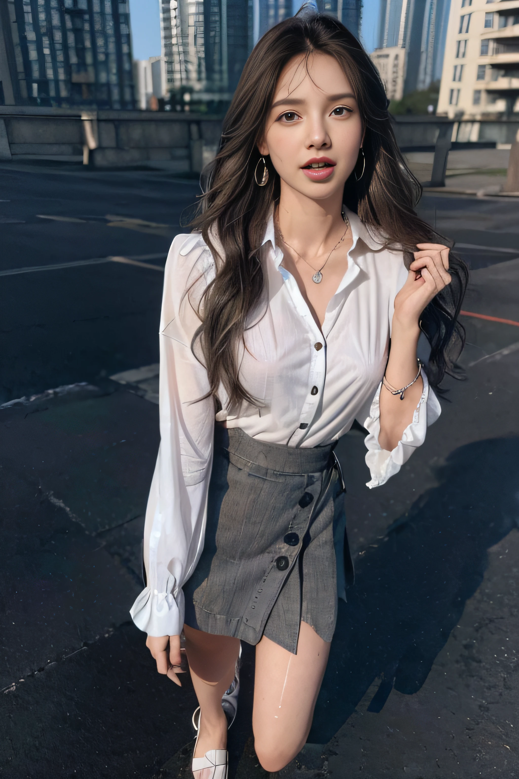 ((Very beautiful girl:1.3)),((loose and wavy hair:1.3))((red collar button blouse_gray wrap mini skirt_Silver necklace_big white earrings:1.4)) ((pantyshot:1.3)),((brown super long hair_long enough to touch hair'waistline:1.2)), ((On the roof of a high-rise building:1.3)) ((Thin_fabric:1.4)) ((i'Somehow I'm watching this_is standing:1.3)) ((full of sweat:1.5))((with a flushed face_Open mouth and ecstatic expression:1.4)) ((Medium chest same:1.4)) ((close-up:1.2)) Best Quality,masutepiece,超A high resolution,(Photorealistic:1.4),Raw photo,(Authentic skin texture:1.3),(Film grain:1.anorama,Character Portrait,Very Wide Shot,細めのwaistline,Cowboy Shot,(in the Dark, deepshadow, lowkey, cold light,) Night,Streaming Tears,,Dust,Tindall Effect,(expression),1girl in,beautiful detailed eyes and face,White Jabot,Brown eyebrows:1.2)) ((Full body:1.3)),