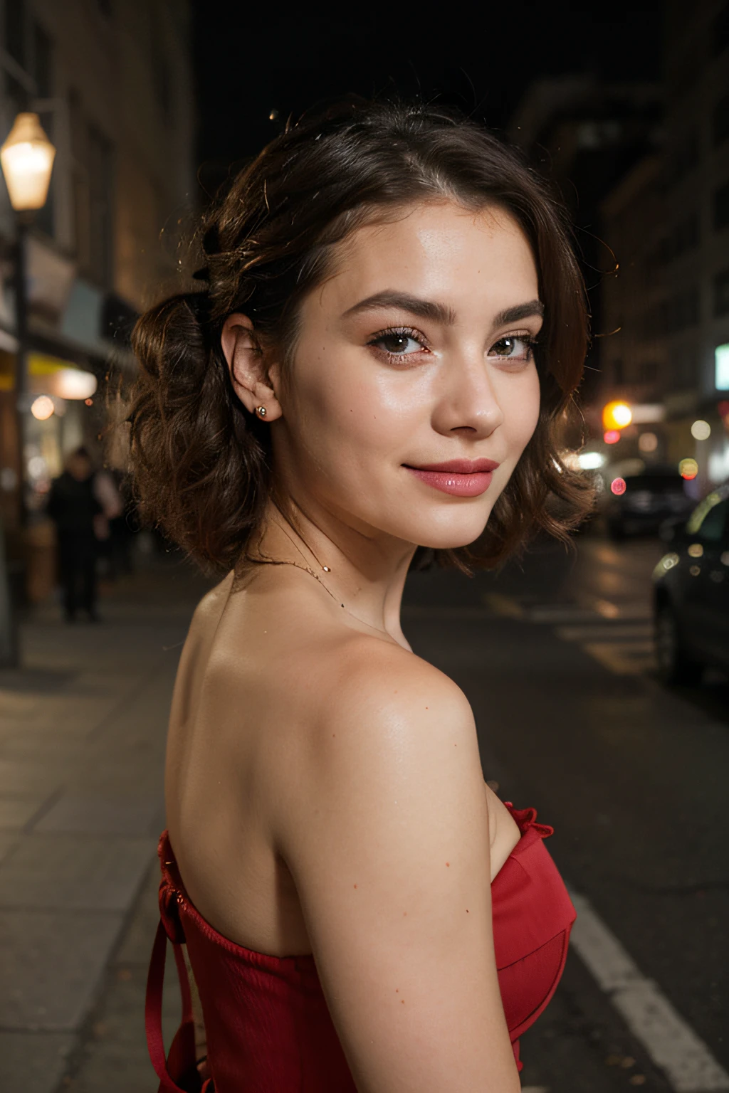 ((best quality)), ((masterpiece)), (detailed), perfect face, a woman with fair skin and shoulder-length curly hair, her hair up. She has blue eyes. smiling. Her makeup is understated and natural, featuring well-defined eyebrows and a touch of nude lipstick. she is looking out the window. She is dressed in a red dress, standing outside in the city at night, blurry background