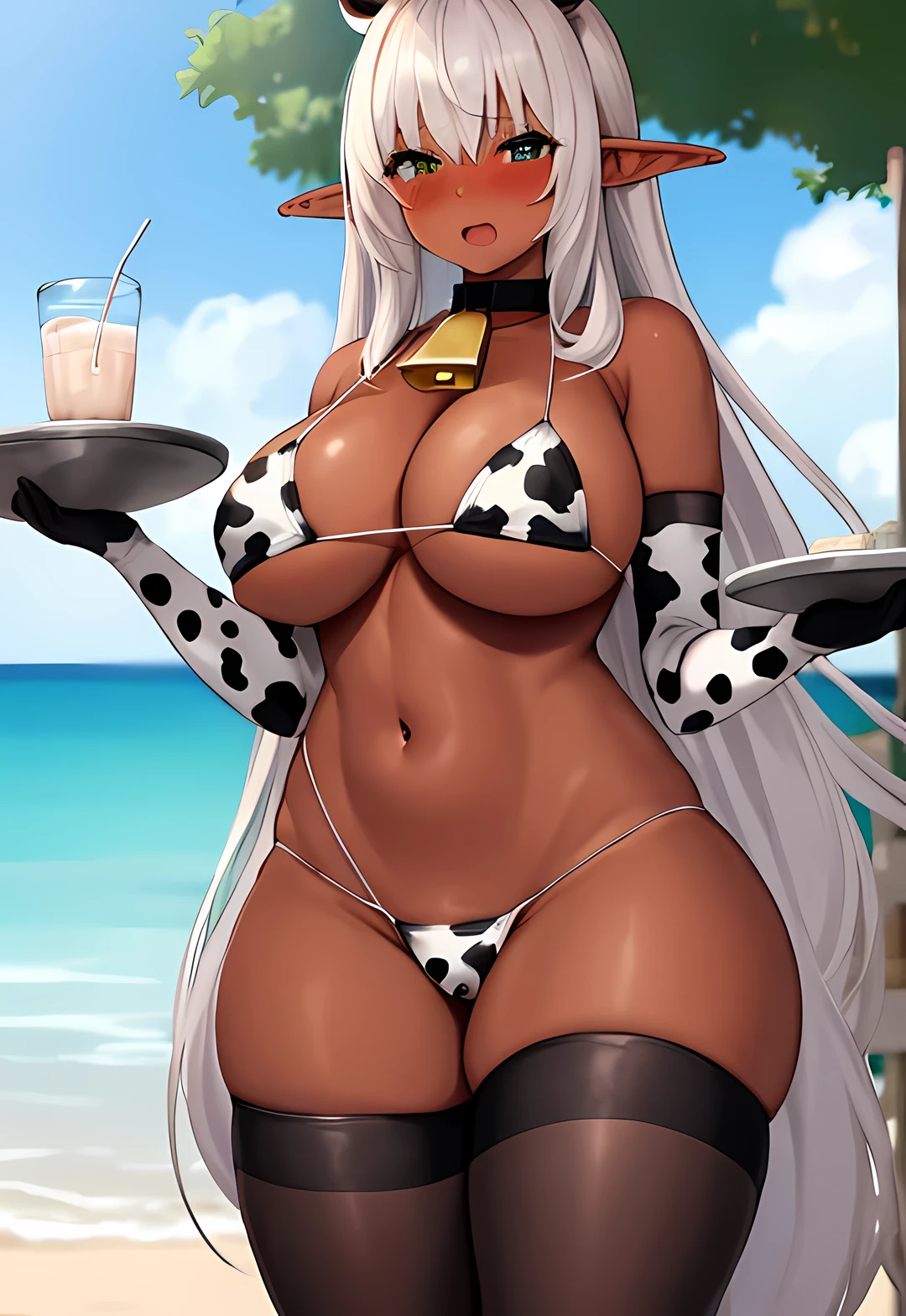 1girl, standing, holding tray, milk bottle, cowprint bikini, thighhighs, elbow gloves, thick thighs, large breasts, embarrassed, blush, elf, cowbell, dark skin, tan,