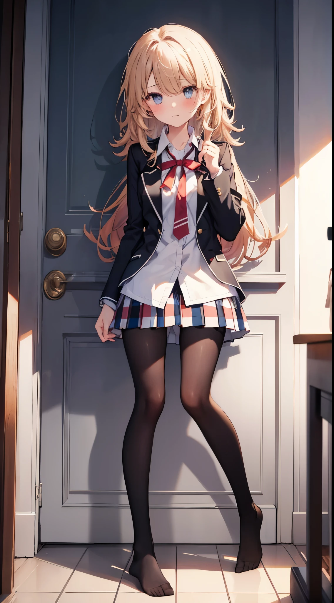 Finest, masterpiece, high definition, (full body), frontal, symmetrical, mature high school girl, solo, (full body from head to toe), small breasts, long hair, slightly messy hair, (black tights), ( (black pantyhose), black pantyhose, composition showing white panties, slender beautiful legs, a very beautiful -yeld gi(not wearing shoes) legs), blushing, shy big eyes, messy hair, looking at camera, showing white panties, white frilly lingerie, high school uniform blazer, high school uniform White blouse, high school uniform with blue ribbon, high school uniform with short plaid pattern and navy pleated skirt