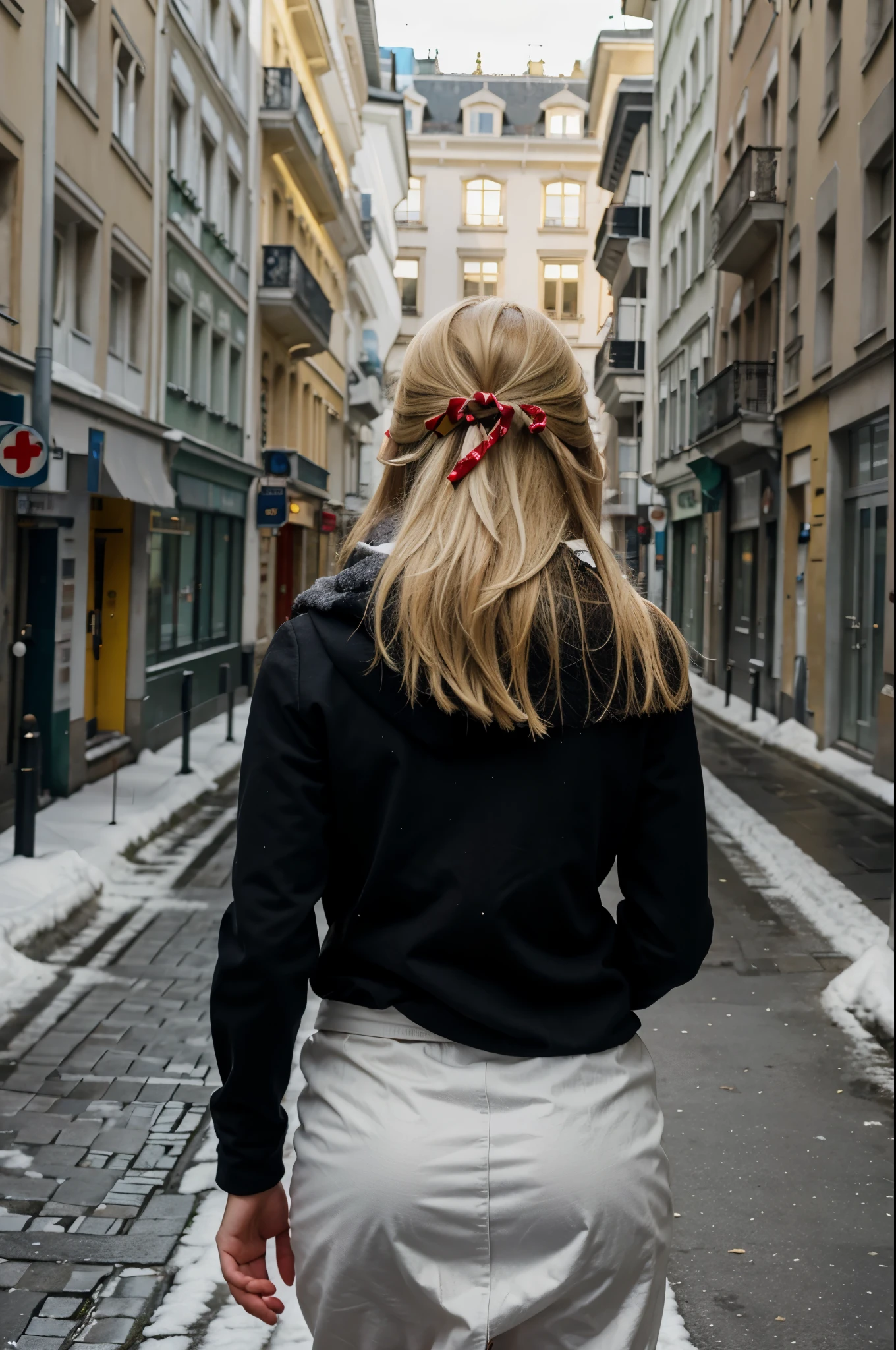 Blonde girl runs through Vienna in a winter outfit, You see the girl from behind, es'Es ist sonnig, Beautiful day