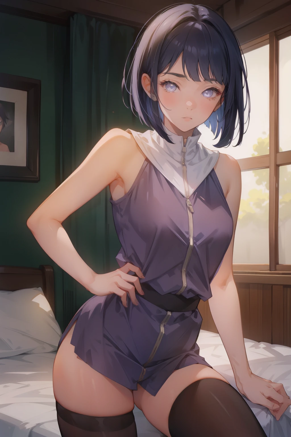 (masterpiece), (best quality), 1girl, 20 years old, Hinata, Hinata from Naruto, Hyuuga Hinata, Hinata costume, white eyes, bob cut hair, cool posing, sexy, stockings