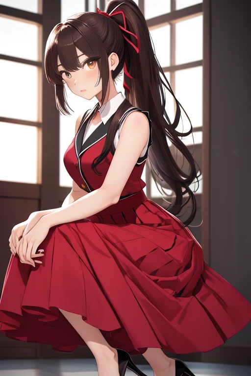 ​masterpiece, top-quality, Hi-Res, 1girl Kirasaka High Ponytail Hair Ribbon, red blush，masutepiece, High quality, Best Quality, High resolution, 4K, High Definition, Beautiful lighting, Highly detailed face, well-drawn hands, well-drawn legs, well-drawn feet, (((well-drawn eyes))),Dresses with visible backs，long  skirt，pin heels，venue