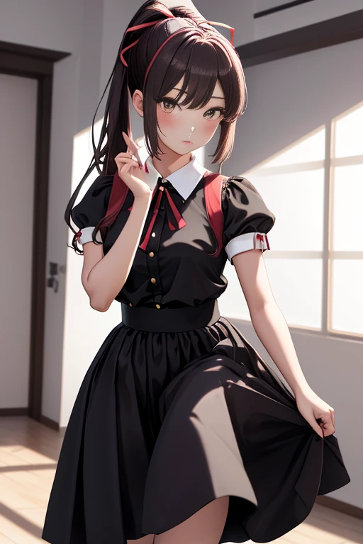 ​masterpiece, top-quality, Hi-Res, 1girl Kirasaka High Ponytail Hair Ribbon, red blush，masutepiece, High quality, Best Quality, High resolution, 4K, High Definition, Beautiful lighting, Highly detailed face, well-drawn hands, well-drawn legs, well-drawn feet, (((well-drawn eyes))),Dresses with visible backs，long  skirt，pin heels，venue