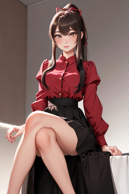 ​masterpiece, top-quality, Hi-Res, 1girl Kirasaka High Ponytail Hair Ribbon, red blush，masutepiece, High quality, Best Quality, High resolution, 4K, High Definition, Beautiful lighting, Highly detailed face, well-drawn hands, well-drawn legs, well-drawn feet, (((well-drawn eyes))),Dresses with visible backs，long  skirt，pin heels，venue