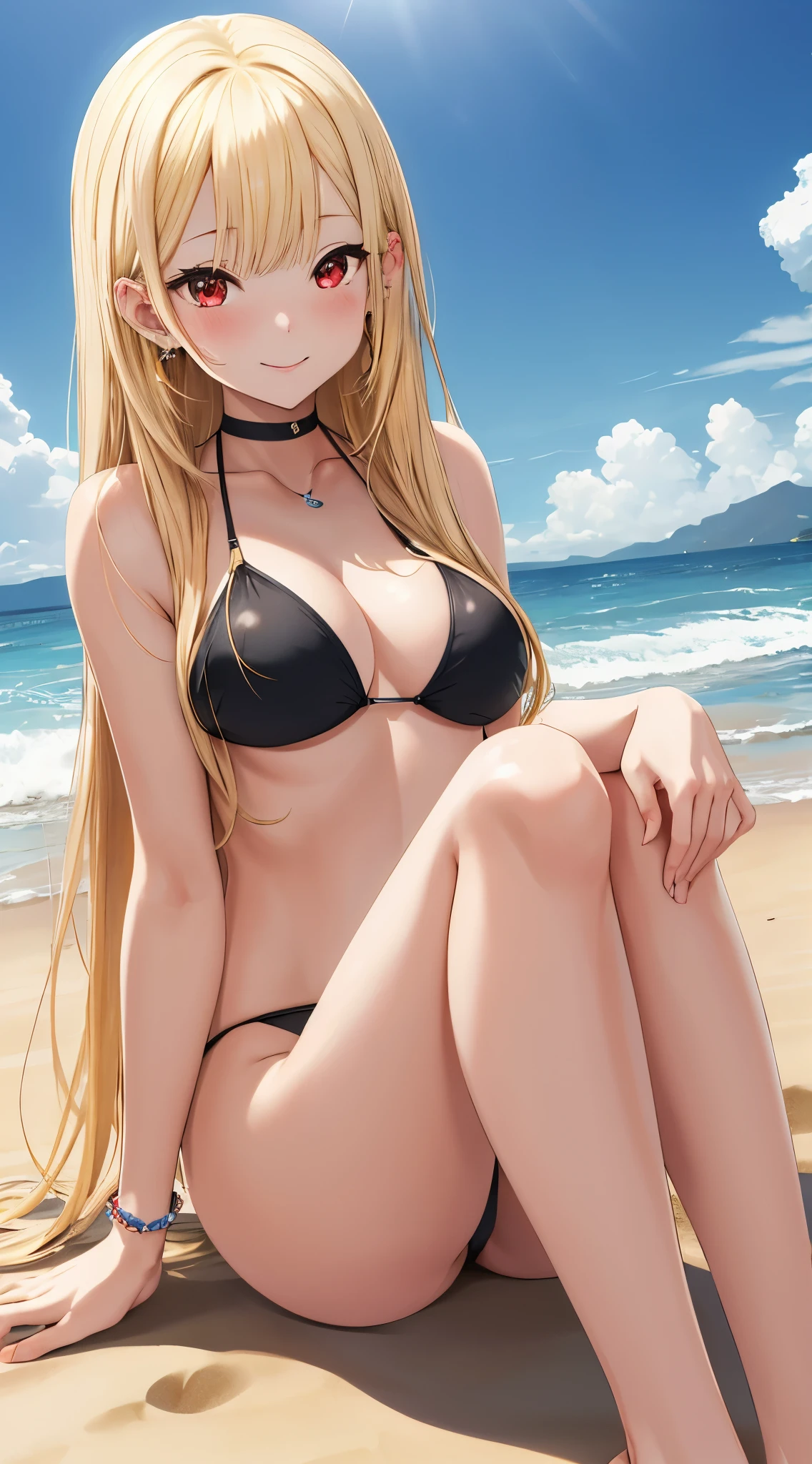 masterpiece, best quality, highres, kitagawa marin, 1girl, blonde hair, long hair, swept bangs, gradient hair, red eyes, jewelry, earrings, piercing, glossy lips, light smile, beach, swimsuit, sitting, (knees bent)