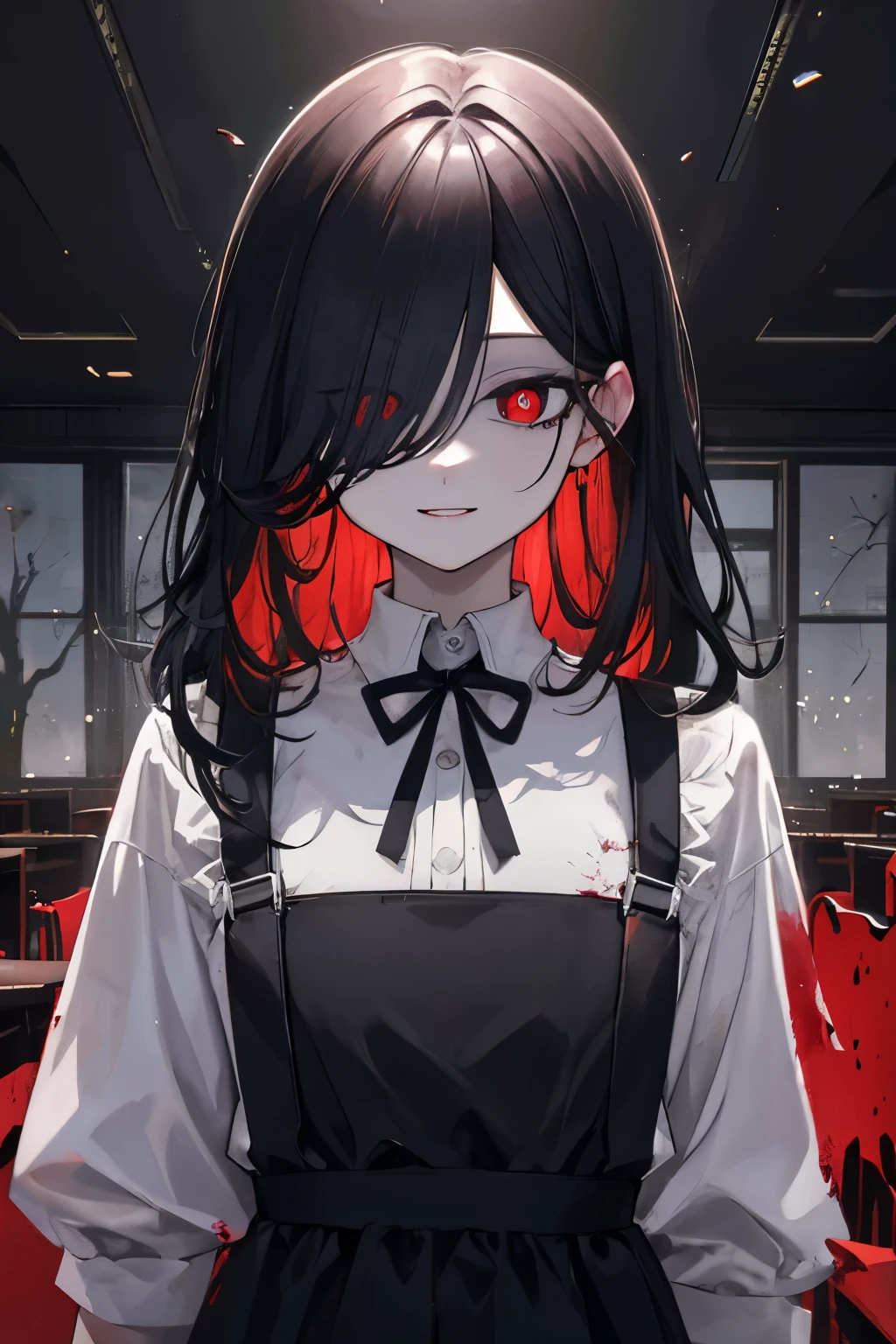 ((best quality)), ((masterpiece)), (detailed), perfect face, perfect body, upper body, standing, looking at viewer, red eyes, Ruby shape pupils, (evil smile:0.7), sadistic, beautiful detailed face, Messy long hair, black hair, (hair over eyes:1.5), suspender dress, (blood on face:0.5), (blood on clothes:0.6), classroom, horor, creepy, spooky atmosphere, cinematic light, light particle, hd, extremely detailed