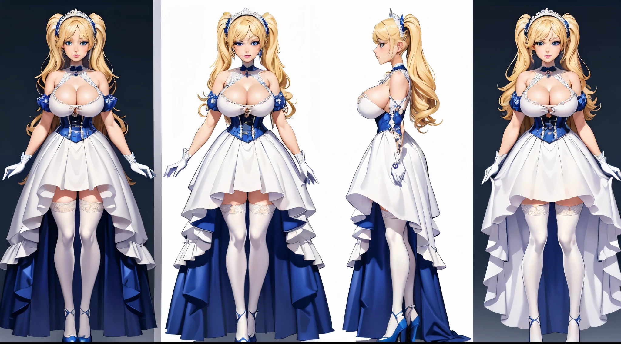 (Masterpiece), (Best quality: 1.2), absurd and intricate details (Highly detailed skin: 1.2), ((big breasts))1 girl, blonde hair in 2 long curly pigtails, blue eyes, white gothic dress, white gothic stockings and gloves, white gothic headdress, smug expression, gothic choker, earrings, sexy pose, ((standing full body, white background, character sheet))