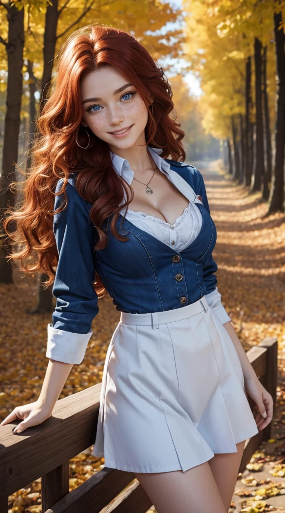 Pretty woman, similar to amouranth,cute,huge breasts, she needs to have fire red hair, curly/flowing, detailed dark green eyes and face, not too skinny, naughty smile, make it ultra-realistic, western European girl, waking in france/ paris, wearing a cute french outfit in blue, white, yellow