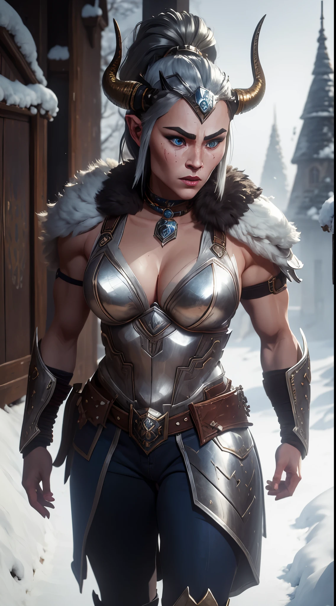 （top-quality、high detailing）、4/5 shots、Portrait of a 40-year-old  female Viking、Human Woman、Strong physique、the perfect body、(((Silver warrior armor with fur collar)))、Silver horned helm、(((Large Silver Horn Headgear)))、Combat stance、Focus on the face、Calm look、Big blue eyes、Detailed face and eyes、Sharp eyes、Silver Shorthair、Walking slowly towards us、Detailed hand depiction、Winter morning、Oyuki、Snow-covered roads、Medieval city gate behind、Fantasyart、dark fantasy vibe、Dynamic action