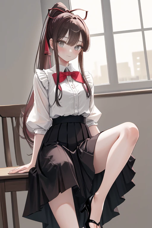 ​masterpiece, top-quality, Hi-Res, 1girl Kirasaka High Ponytail Hair Ribbon, red blush，masutepiece, High quality, Best Quality, High resolution, 4K, High Definition, Beautiful lighting, Highly detailed face, well-drawn hands, well-drawn legs, well-drawn feet, (((well-drawn eyes))),Dresses with visible backs，long  skirt，pin heels，venue