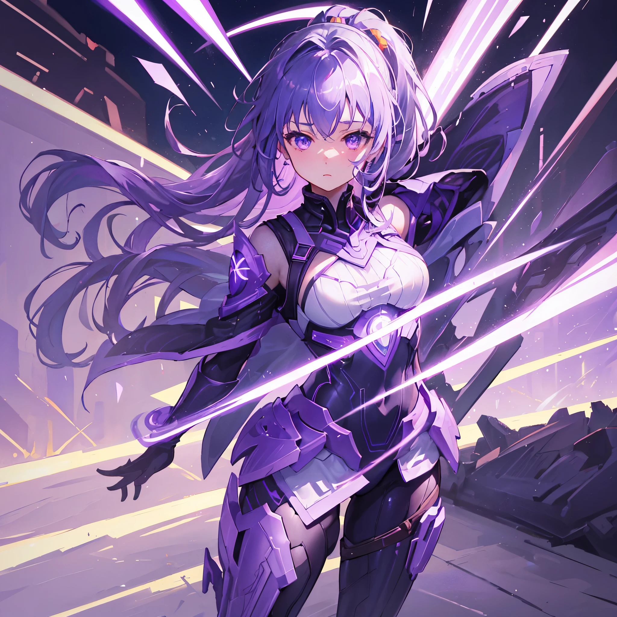 1 girl, solo, Raiden, Raiden_Shogun, bodystocking, beautiful gleaming purple eyes, long purple hair, side ponytail, hairpin accessory, purple lightnings in background, ruins in background