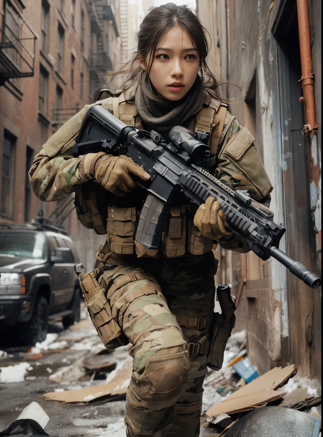 ８ｋ,Realistic Skin Texture、Superrealism、Realistic Photo、Japanese Women in the U.S. Army、Bulletproof vest、Automatic rifle、backpack、cap、Heavy equipment、Hide behind a car、Waiting for a chance to counterattack、anger、Scattered rubble、Dynamic action pose