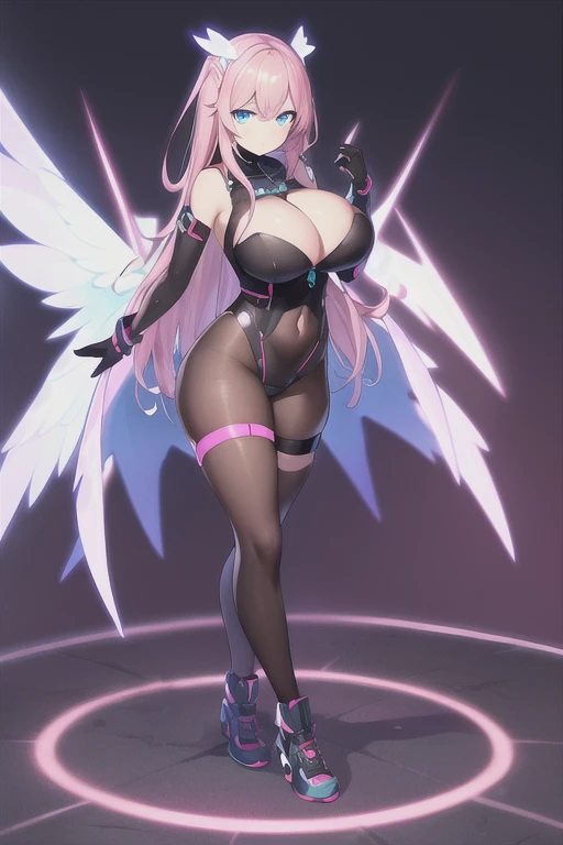 1girl, large breasts, breasts, thick thighs, wide hips, pink hair, long hair, blue eyes, white bodysuit, bodysuit, futuristic, science-fiction, tech, machinery, angel wings, pantyhose, thigh strap, cutout, hip vent, cleavage, serious, glowing eyes, neon, neon trim, glowing eyes, full body, ((full body))