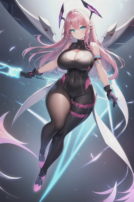 1girl, large breasts, breasts, thick thighs, wide hips, pink hair, long hair, blue eyes, white bodysuit, bodysuit, futuristic, science-fiction, tech, machinery, angel wings, pantyhose, thigh strap, cutout, hip vent, cleavage, serious, glowing eyes, neon, neon trim, glowing eyes, full body, ((full body))