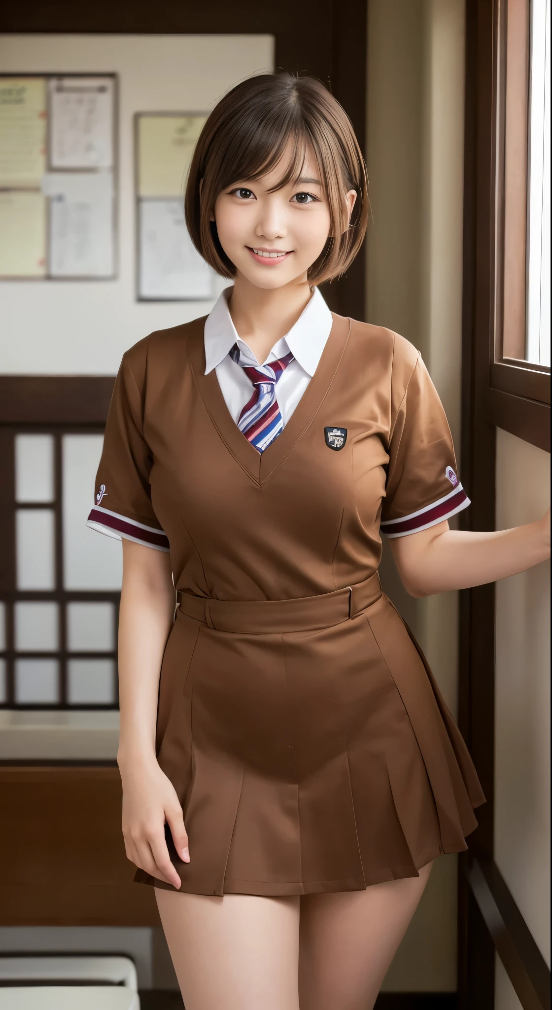 (Best Quality,8K,Raw photo,Realistic,High resolution:1.2),(cute Japanese girls),(Huge breasts:1.20),(Slim body、Naughty body),(Japan High School School Uniform),(school classrooms),(18year old、difficult、Takamine Flower、Brown hair、Short Bob、Male classmate POW、The presence of idoleautiful Realistic Asians:1.5、tenderness)、Professional、ssmile