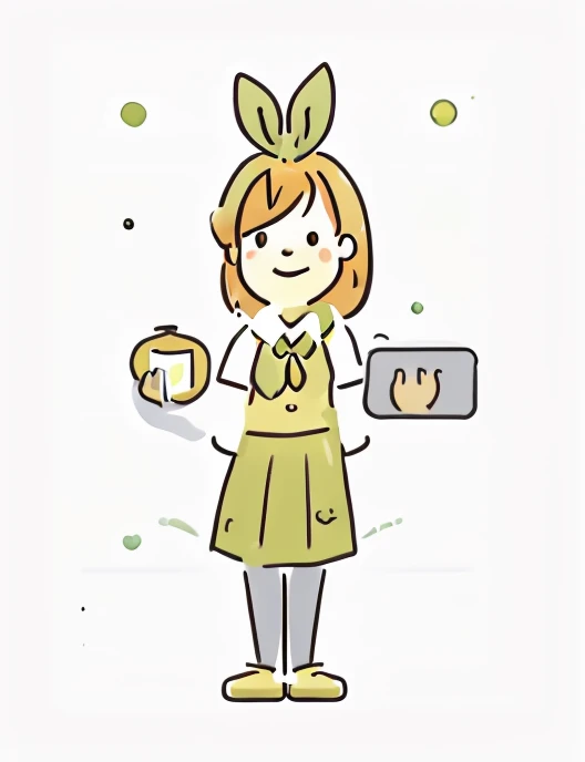 masterpiece, best quality, illustration, minimal design for a t-shirt, yotsuba nakano in a dynamic pose, orange bob hair, orange shoulder length hair, green ribbon, minimal design, flat shapes, green hair bow ribbon, green bowtie, yellow sleeveless sweater, collared white shirt, green pleated skirt, school uniform, Good shapes, perfect lines, perfect lineart, professional, good