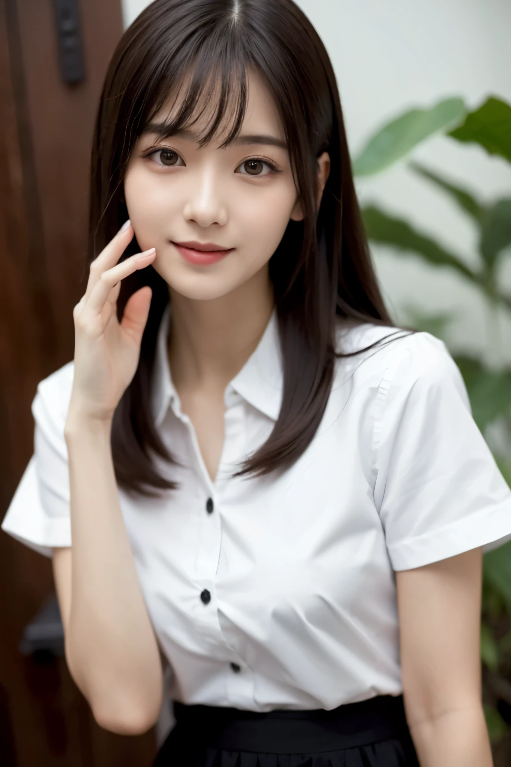 (RAWa picture、top-quality)、(realisitic)、a picture、top-quality、masterpiece、extremely delicate and beautiful、ighly detailed、CG、Unity、2k wallpaper、detaile、masterpiece、top-quality、huge filesize、ultra-detailliert、hight resolution、ighly detailed、1girl in、Slim body、(short sleeved shirt:1.1)、(uniformss:1.1)、(skirt by the:1.1)、porcelain skin、(A dark-haired)、(hair adornments)、see the beholder、close up of face、straight haired、 ighly detailedな顔, ighly detailedな目, seducting smile, Sateen ,Long hair、Bangs、30-years old
