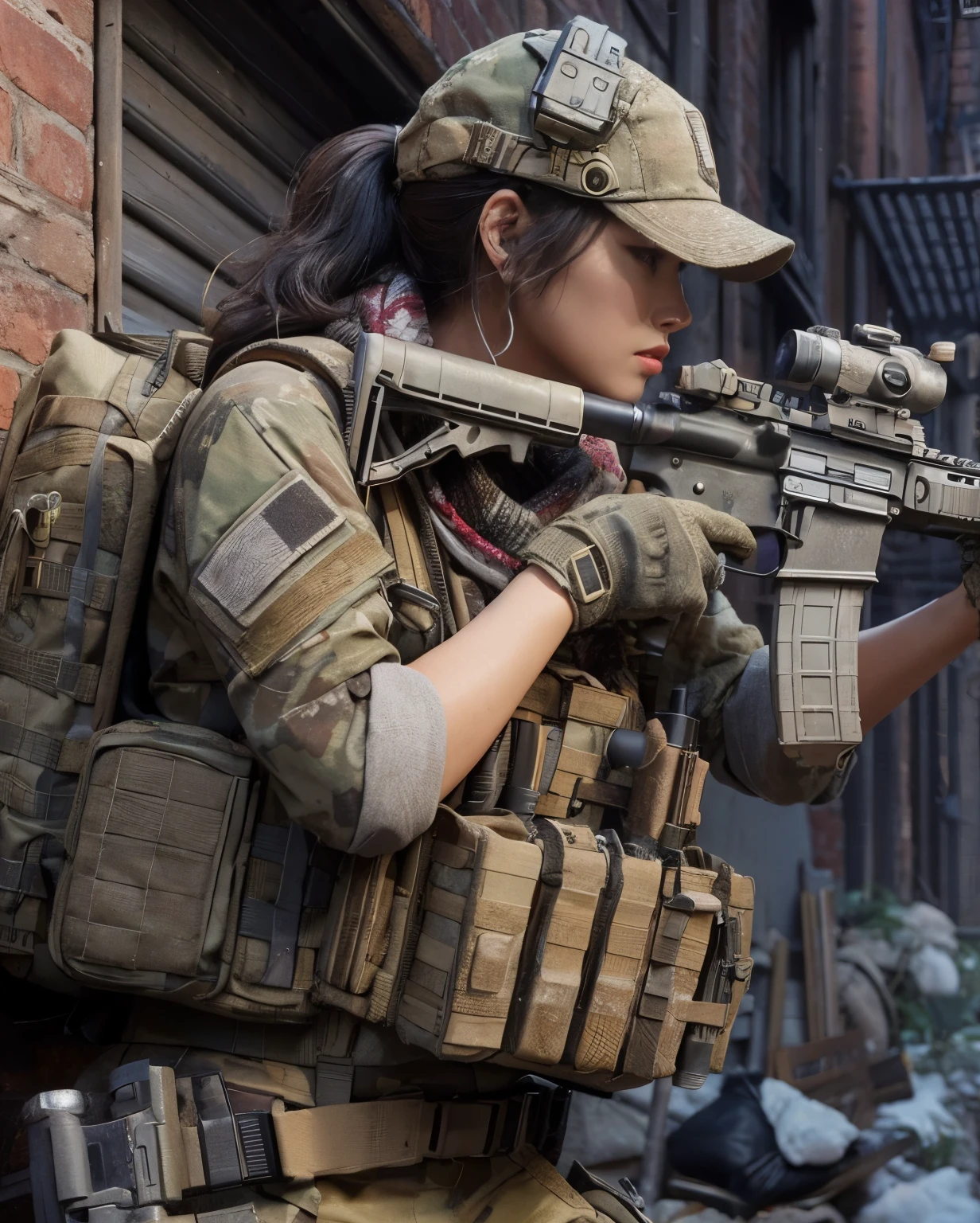 Photorealsitic、realistic skin textures、automatic rifle、