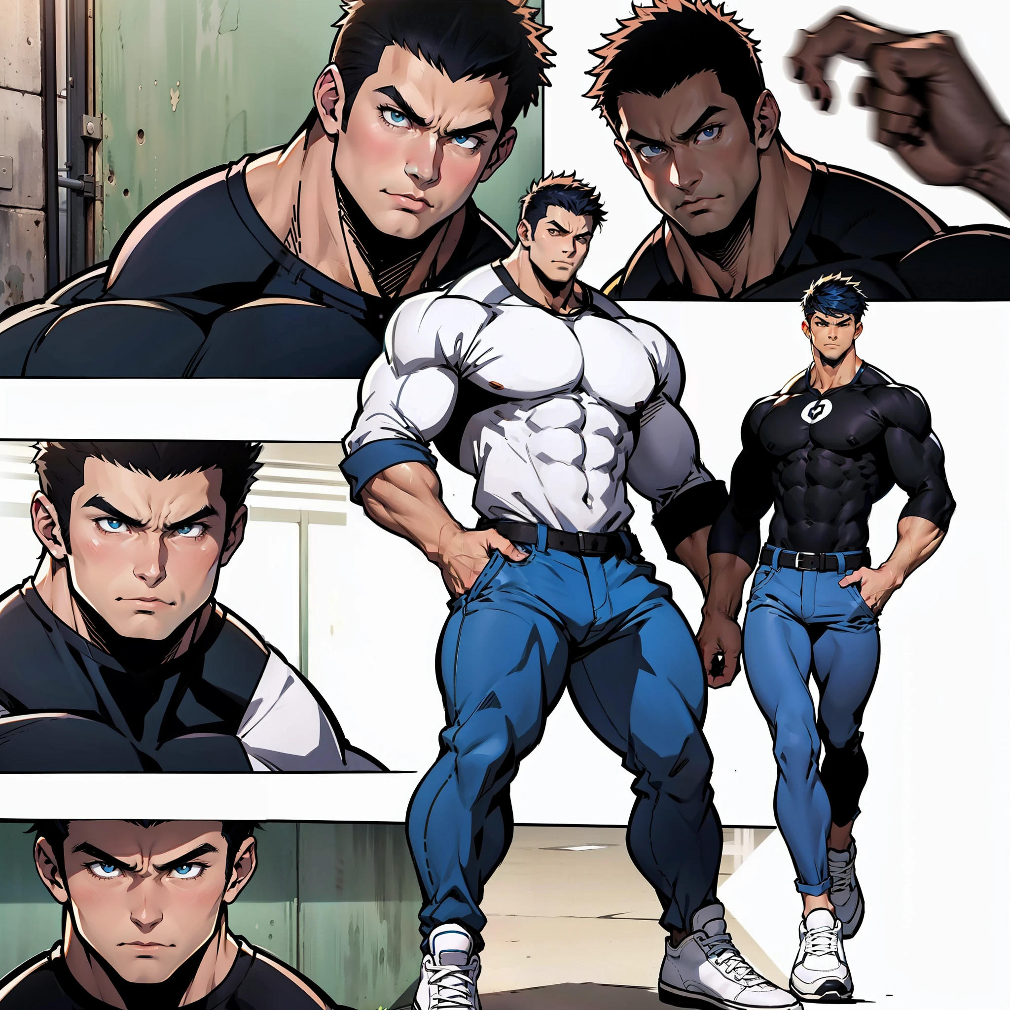 Arte estilo anime, desenho estilo anime, imagem frontal, de corpo inteiro, Personagem masculino musculoso, protagonista, , cabelo curto, cabelo com pontas, cabelo curtinho, personagem musculoso, sem camisa, wearing ripped blue pants, wearing white sneakers. Imagem de corpo inteiro, imagem frontal, personagem protagonista, personagem heroico, postura intimidadora, personagem musculoso, corpo de bodybuilder, imagem frontal, imagem de corpo inteiro, Apenas um persaongem, personagem musculoso!!!
