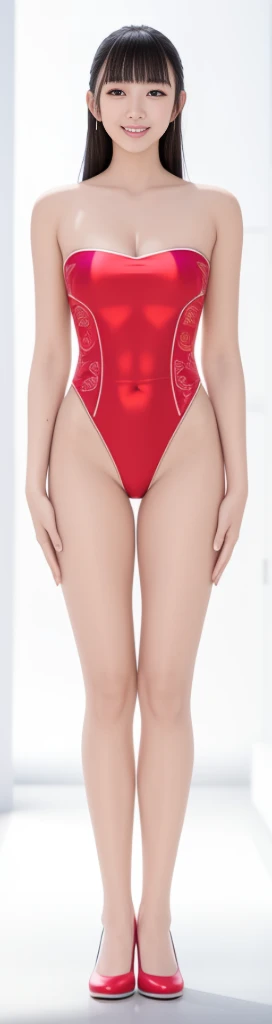 On a white background,A tall and beautiful Chinese girl,with fair skin,Toothy smile,A big smile,When you laugh, Your eyes are crescent-shaped,blunt bangs, long straight hair,Wear a one-piece swimsuit and pumps,Swimsuits are decorated with joyful patterns, Stand up straight,Stand upright,hands on sides,Symmetrical distribution,Ray tracing,All shaded areas,No windows, Soft lighting, Warm light,Without sunlight, Studio light, 1.4x Realistic Ultra HD