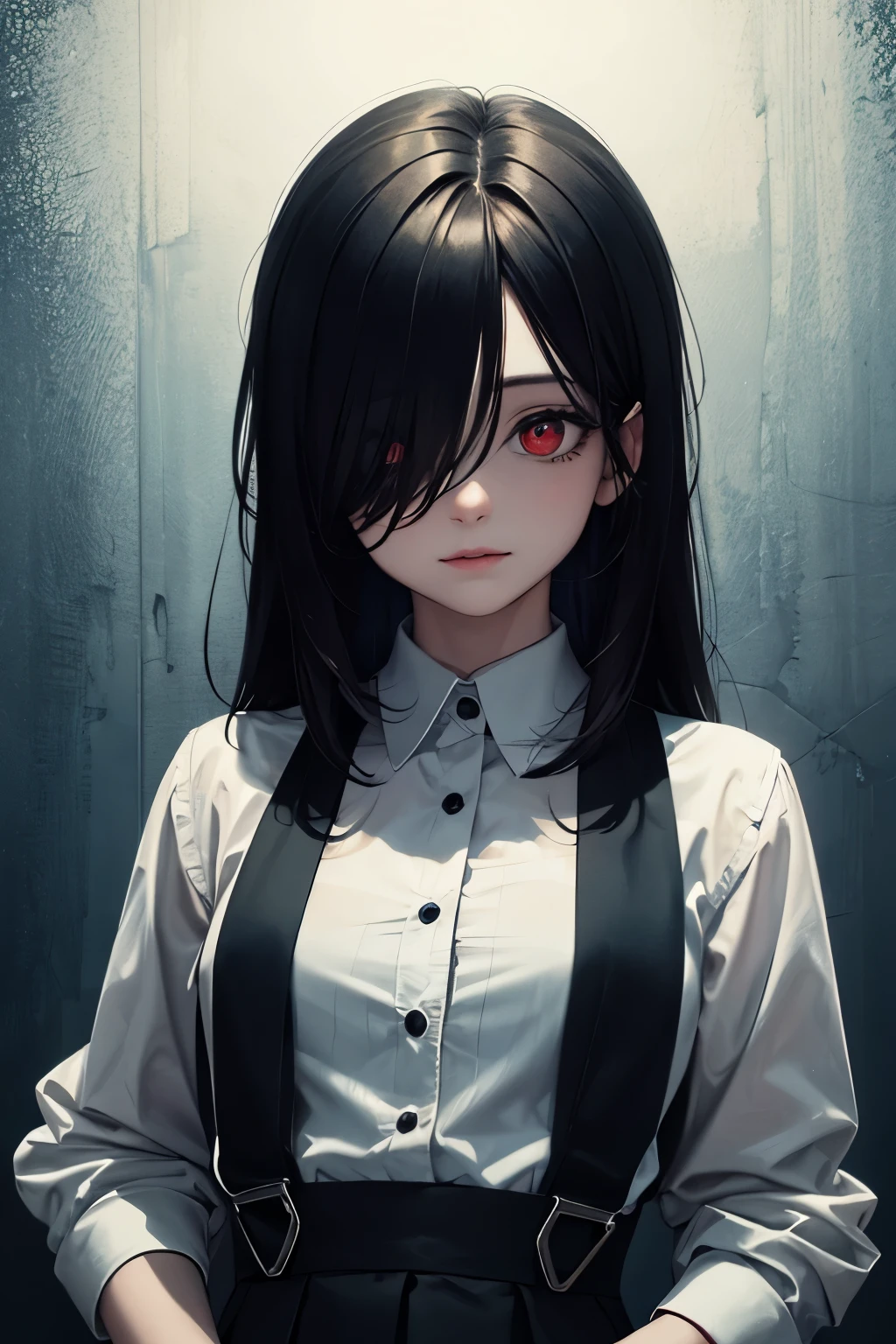 ((best quality)), ((masterpiece)), (detailed), perfect face, perfect body, upper body, standing, looking at viewer, red eyes, Ruby shape pupils, (evil smile:0.7), sadistic, beautiful detailed face, Messy long hair, black hair, (hair over eyes:1.5), suspender dress, (blood on face:0.5), (blood on clothes:0.6), classroom, horor, creepy, spooky atmosphere, cinematic light, light particle, hd, extremely detailed