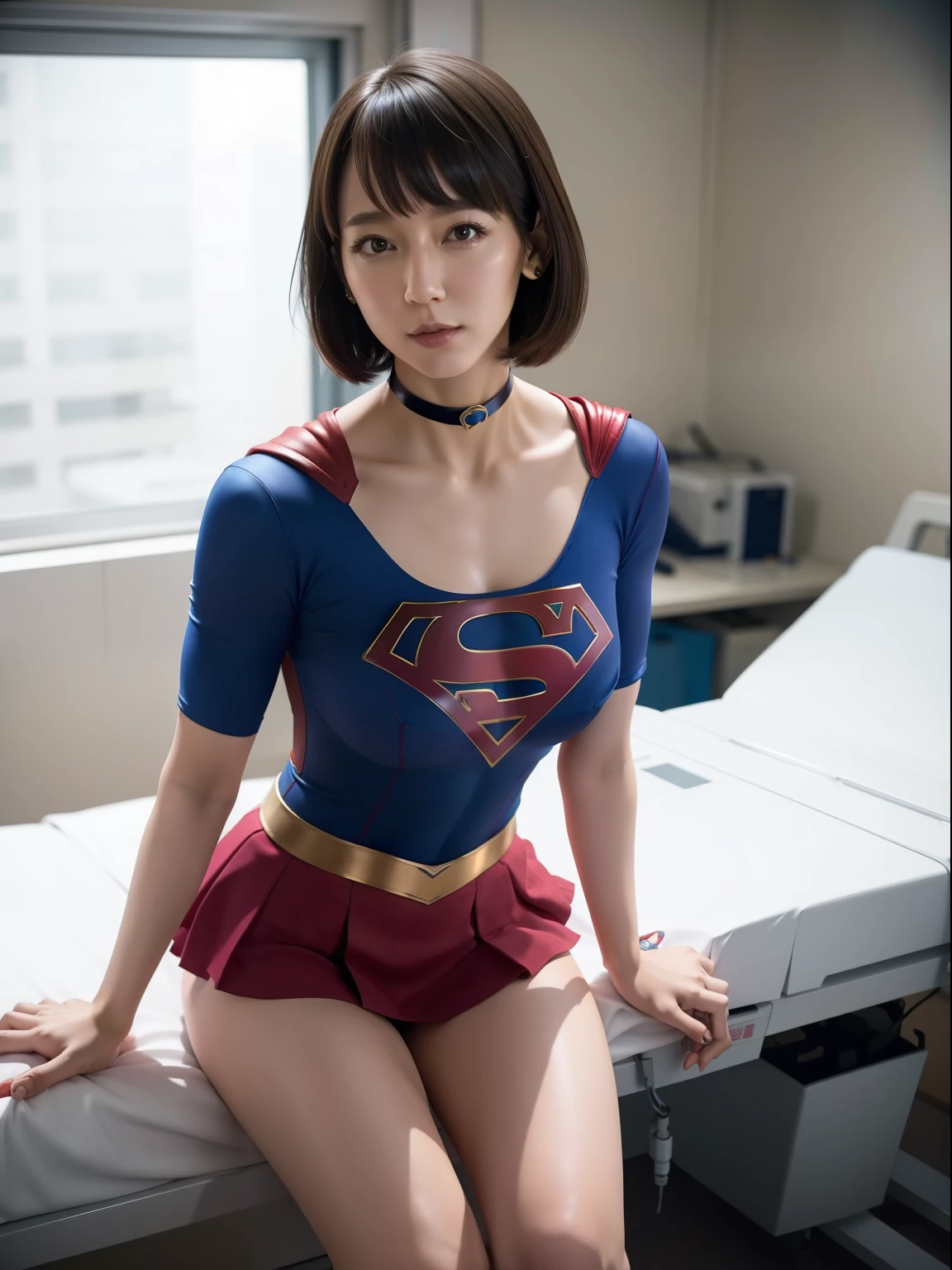 ​masterpiece,Supergirl Costume, short-hair, bare-legged, large full breasts,surgery room、Operating table、straddle、depraved、shiny、Looking at the camera、seduces、a choker、Too short miniskirt