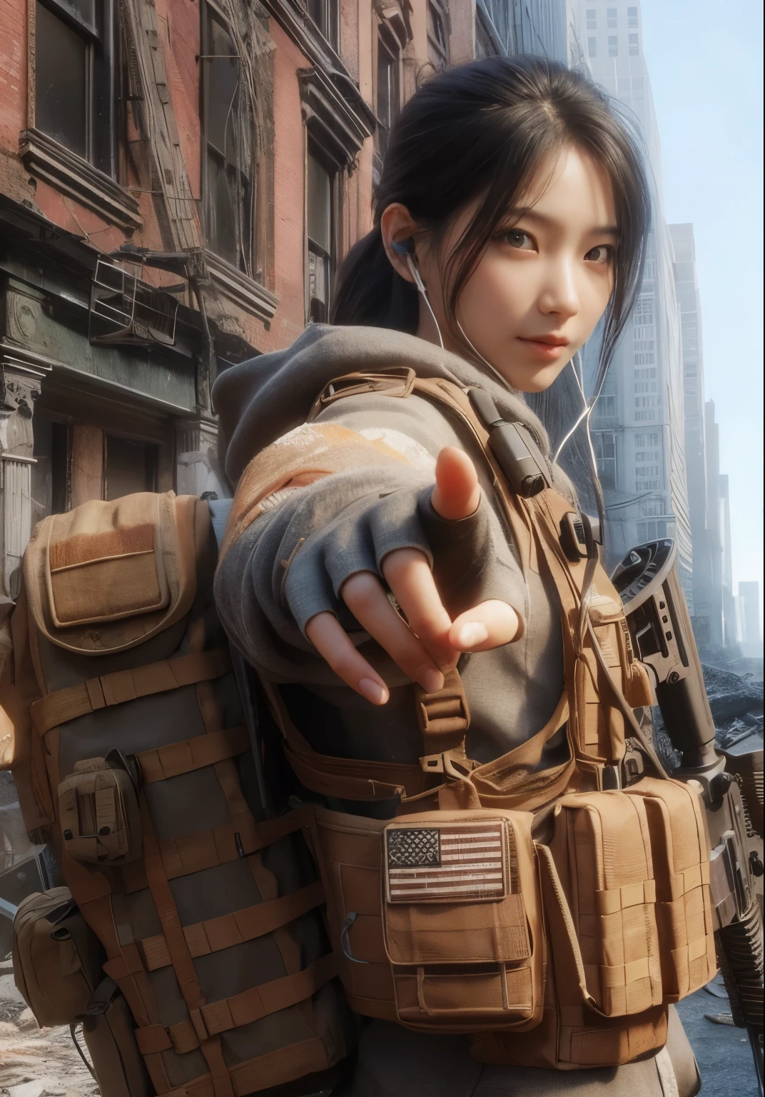 Photorealsitic、realistic skin textures、automatic rifle、