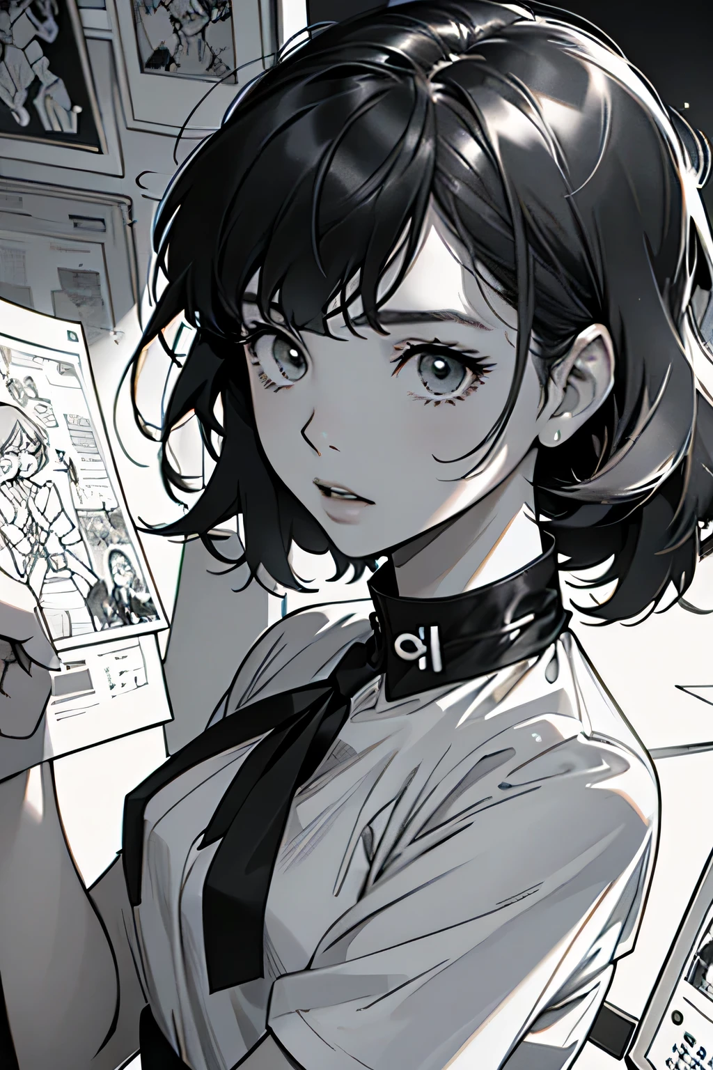 (sfw), (masterpiece:1.2), best quality, masterpiece, highres, original, extremely detailed wallpaper, (ultra-detailed), (best illustration), (best shadow), (Kobeni), small breasts, perky breasts, (white collared shirt), (blood stain:1.1), (horrified:1.2), (black necktie), (shirt stain), (stained), 1girl, looking at viewer, (scared:1.2), (tears:1.1), (brown eyes), (peace sign), unbuttoned shirt, open shirt, bra