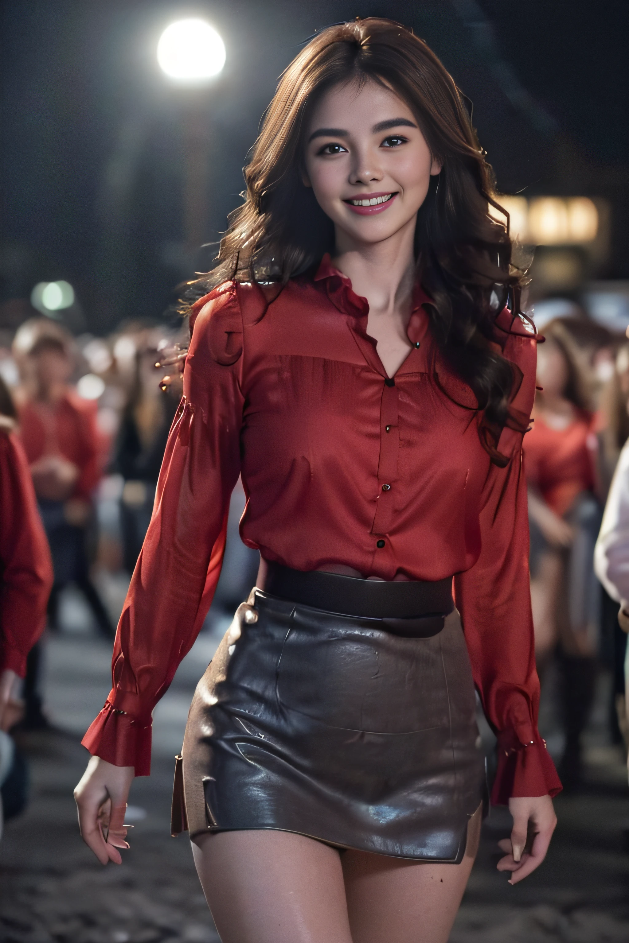 ((Very beautiful girl:1.3)) ((Red blouse＿long-sleeve＿Red miniskirt:1.4)) ((pantyshot:1.5)) ((in the crowd at night:1.3)) ((Thin_fabric:1.4)) ((Walking towards us:1.3)) ((with a flushed face:1.4)) ((Medium milk:1.2)) ((close-up:1.2)) Best Quality,masutepiece,超A high resolution,(Photorealistic:1.4),Raw photo,(Authentic skin texture:1.3),(Film grain:1.anorama,Character Portrait,Very Wide Shot,Narrow waist,Cowboy Shot,(In the Dark, deepshadow, lowkey, cold light,) Night,((long brown hair:1.2)),Streaming Tears,,Dust,Tindall Effect,(expression),1girl in,beautiful detailed eyes and face,White Jabot,Brown eyebrows:1.2)) ((shyly smile:1.3))((loose and wavy hair:1.3))