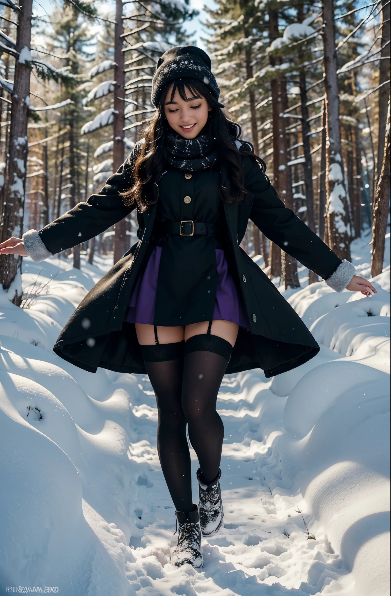 年轻 (((20 year old black girl))), Wearing a stunning black and purple mrs.. claus costume, standing in a snowy forest. She has long, Curly black hair with stylish bangs, Runs down her back. The girl's eyes are seductive, With beautiful, Intricate details that draw you in. The outline of the lips is also exquisite., add to her overall attractiveness.

Frolic in the sparkling snow、the girl looks happy. This scene captures her playfulness and carefree spirit, she is a snow covered tree々While dancing round and round between. The forest is alive with the soft light of sunlight filtering through the trees., Casts a fascinating shadow on the girl and the surrounding landscape.

the snow on the ground is beautiful, Form a gentle environment for a girl&#39;s playful adventures. The thick black stockings she is wearing、It protects her from the bitter cold of winter., While adding an elegant touch to her outfit. The contrast between pure white snow and dark stockings creates a striking visual impact.。.

シーン全体が最hightqualityです, Rendered with great care to the smallest detail. Images are rich in color and texture, Brightly coloring the girl and the snowy forest. The artwork is realistic and photorealistic style, Showcasing the artist&#39;s proficiency.

The lighting in the image is、Carefully crafted to create depth and warmth。. The sunlight filtering through the trees casts soft and dramatic shadows on the ground., Emphasize the presence of girls. The play of light and shadow adds depth and dimension to the overall composition.。, Enhance the visual appeal of your artwork.

Overall, this masterpiece showcases a 20 year old black girl wearing an elegant black and purple Mrs. claus costume, Dancing and playing in the snowy forest. hightquality, Ultra-detailed images that evoke a sense of joy and wonder, Capturing the beauty of the winter season.