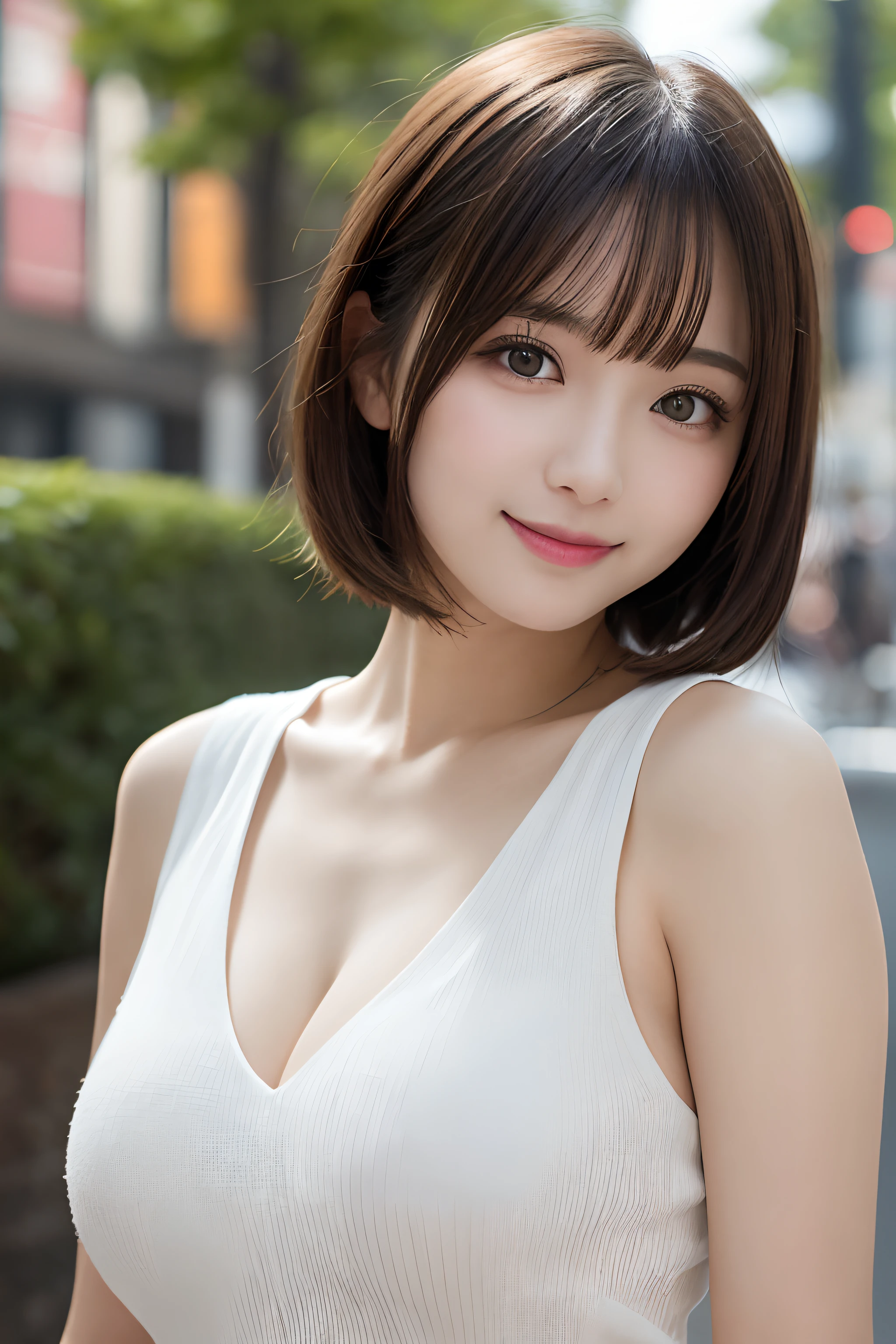 masutepiece, Best Quality, ultra-detailliert, finely detail, hight resolution, 8k wallpaper, Perfect dynamic composition, Beautiful detailed eyes, Women's Fashion, Very short hair, small tits, Natural Color Lip, Bold sexy poses, Smile, Harajuku, 20 years girl, Cute, Sexy shot looking at camera