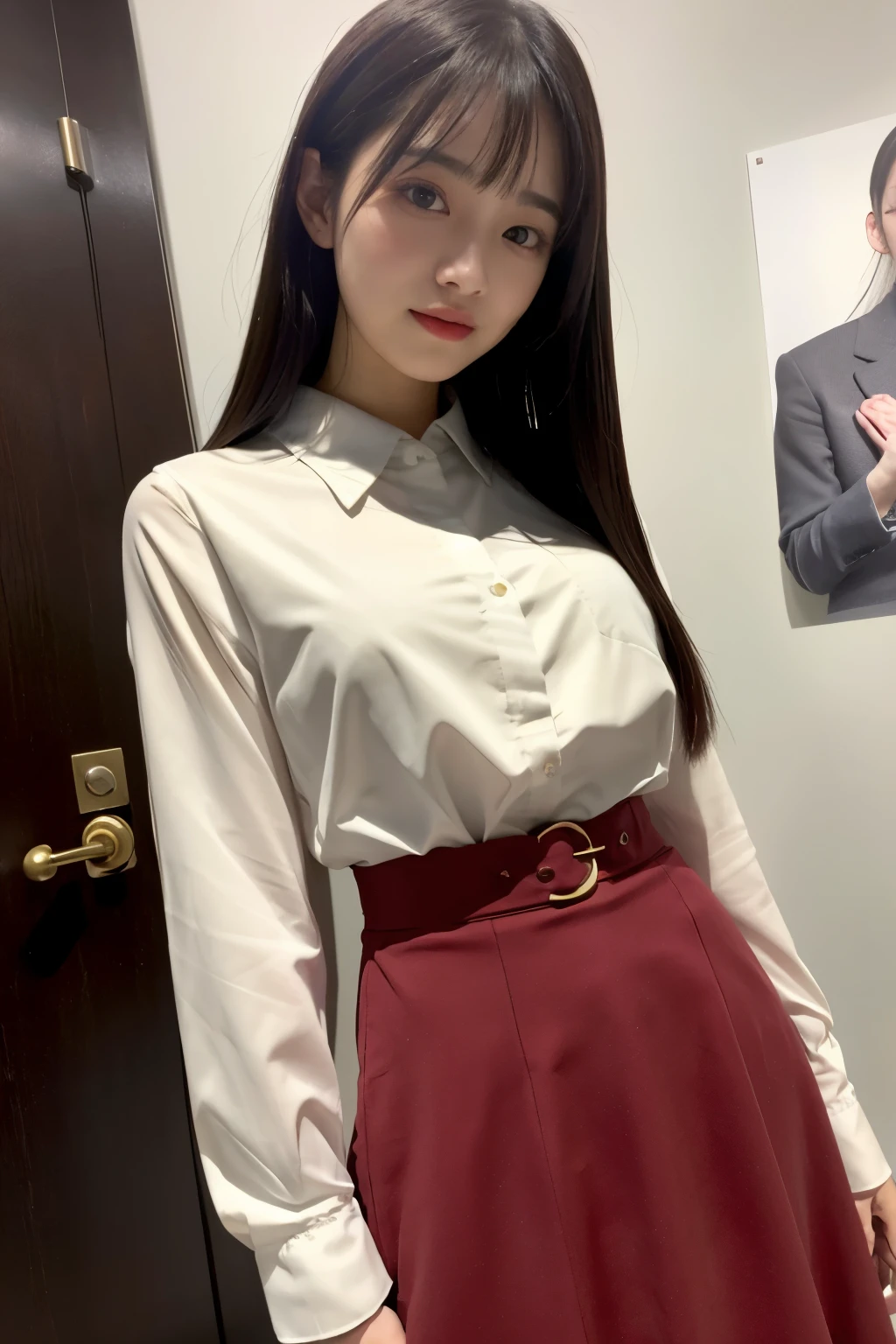 (RAWa picture、top-quality)、(realisitic)、a picture、top-quality、masterpiece、extremely delicate and beautiful、ighly detailed、CG、Unity、2k wallpaper、detaile、masterpiece、top-quality、huge filesize、ultra-detailliert、hight resolution、ighly detailed、1girl in、Slim body、(long sleeved shirt:1.1)、(uniformss:1.1)、(long skirt:1.1)、porcelain skin、(A dark-haired)、(hair adornments)、see the beholder、close up of face、straight haired、 ighly detailedな顔, ighly detailedな目, seducting smile, Sateen ,Long hair、Bangs、30-years old